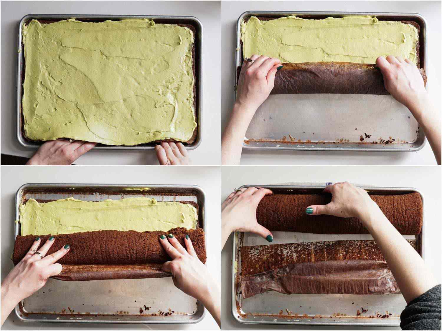 Collage of rolling the cake from the sheet pan into a log. 
