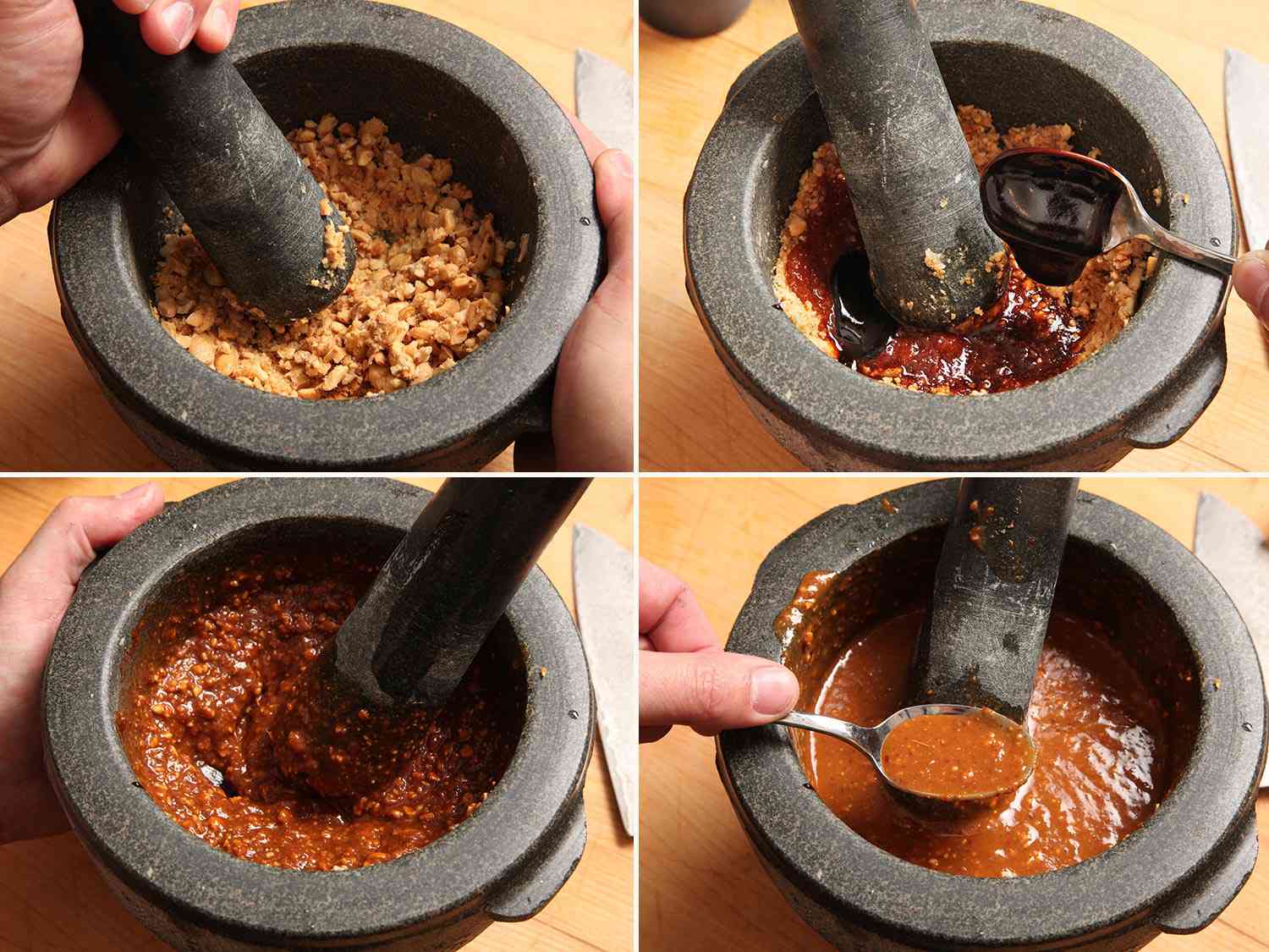 A four-image collage. The top left image shows peanuts being crushed in a mortar and pestle. The top right image shows adding soy sauce and tamarind paste to the crushed peanuts. The bottom left image shows the mixture has become a paste. The bottom right image shows the paste has become thinner and a spoon is holding up some sauce from the mortar. 