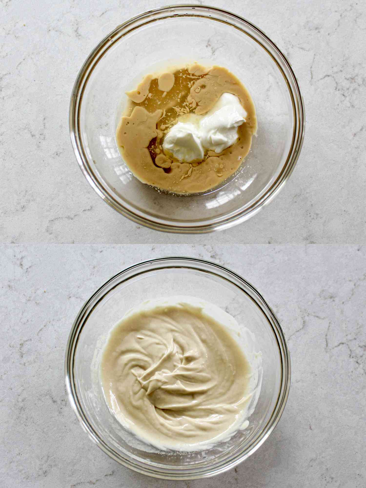 Two image colalge of whisking tahini