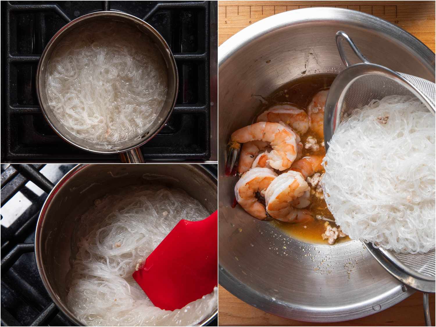 Cooking glass noodles and adding to bowl with dressing, shrimp, and pork.