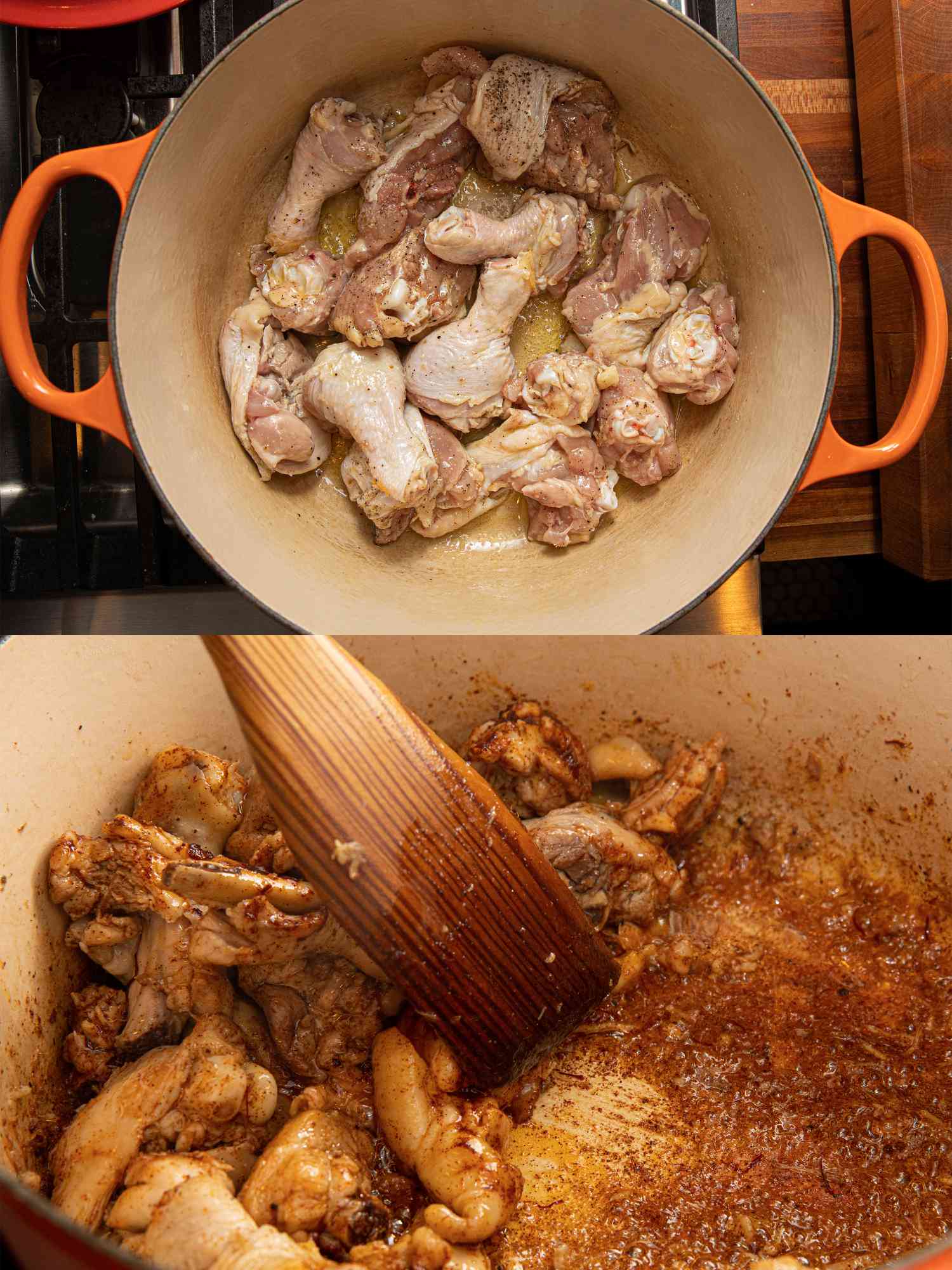 Two image collage of chicken browning in pan