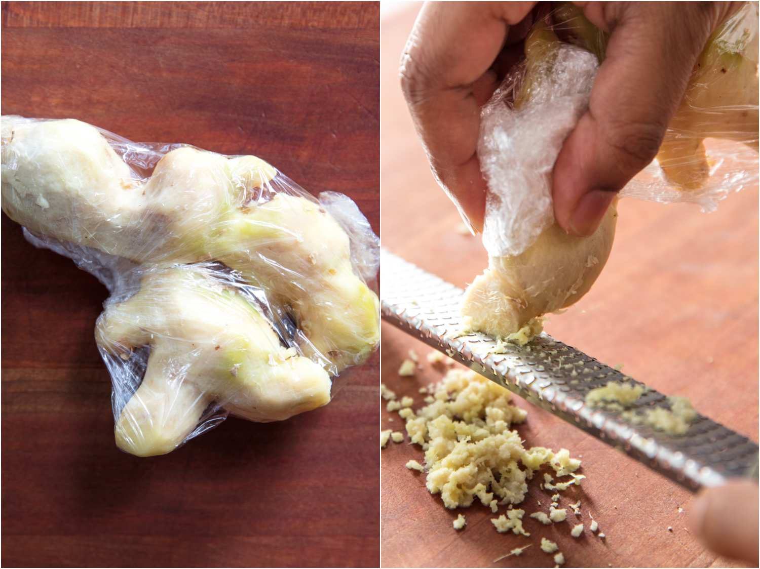 Frozen whole ginger being grated