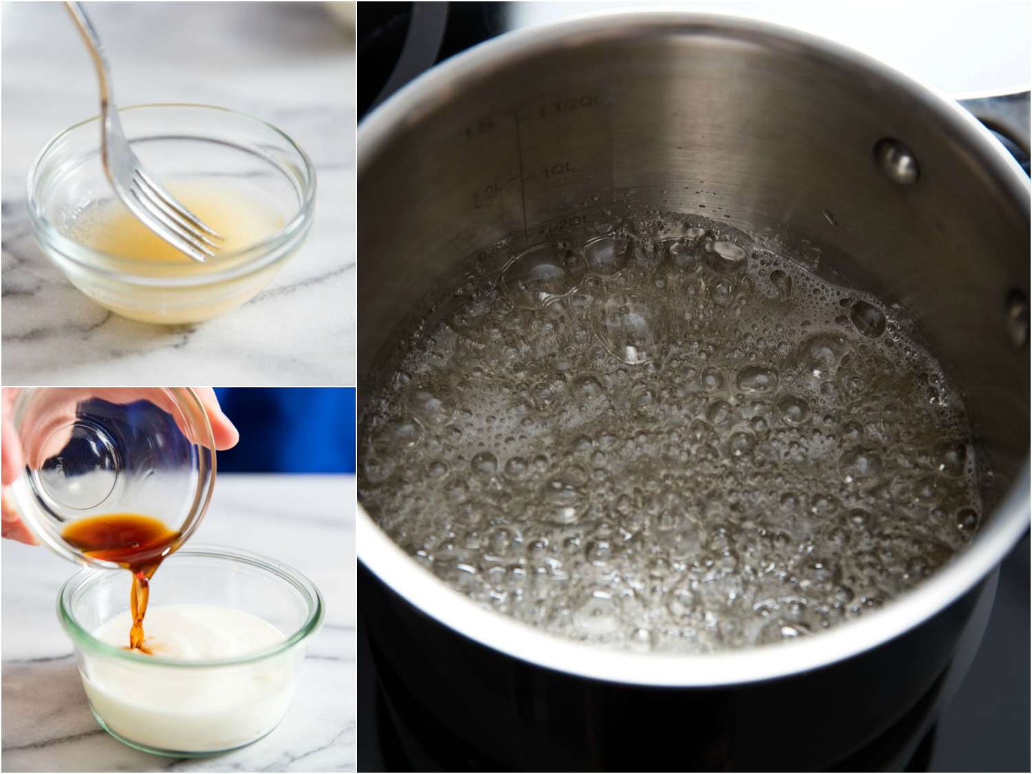 A collage: dissolving gelatin and cooking sugar syrup for diy cool whip.