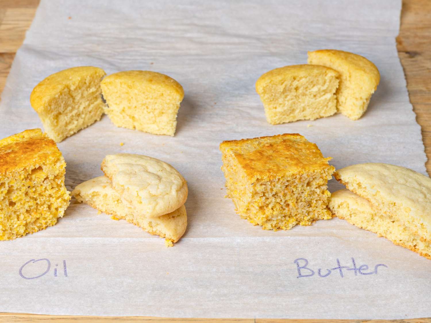 Two sets of baked goods labeled Oil and Butter show cornbread and cookies made using these ingredients for comparison