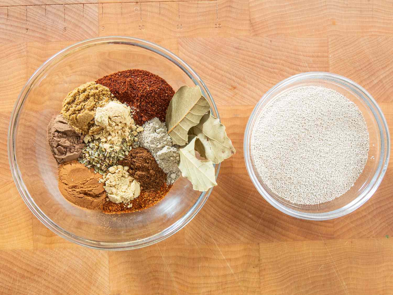 Overhead view of seasonings and yeast