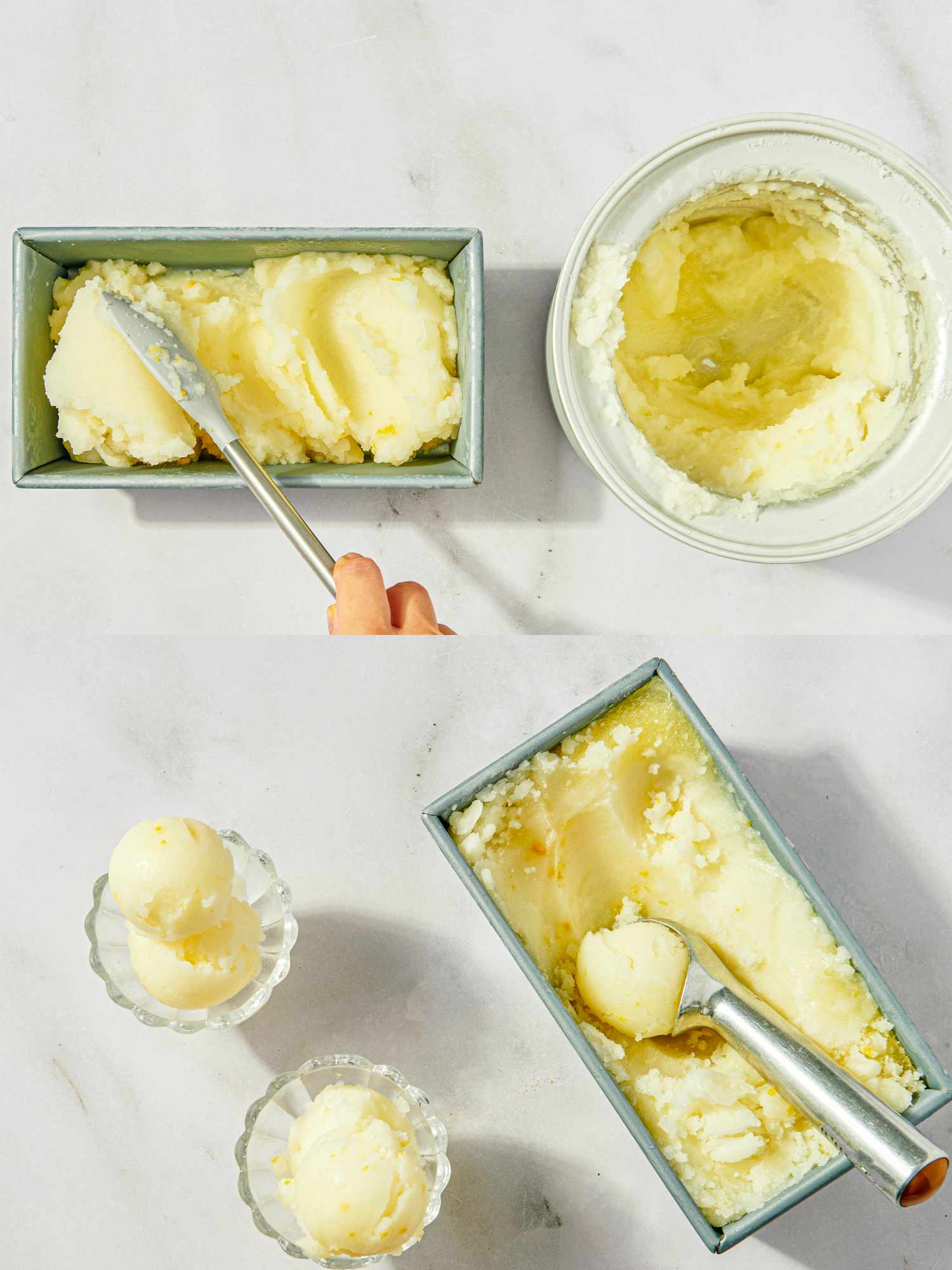Lemon sorbet being scooped and served into small bowls freezer container shown