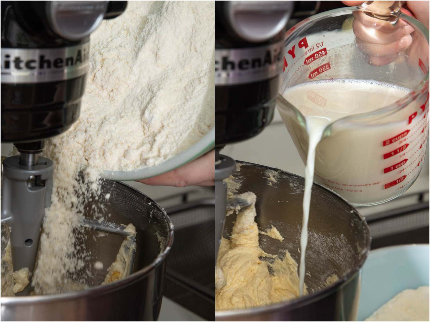Incorporating the almond-flour and milk into the cake batter in alternating additions