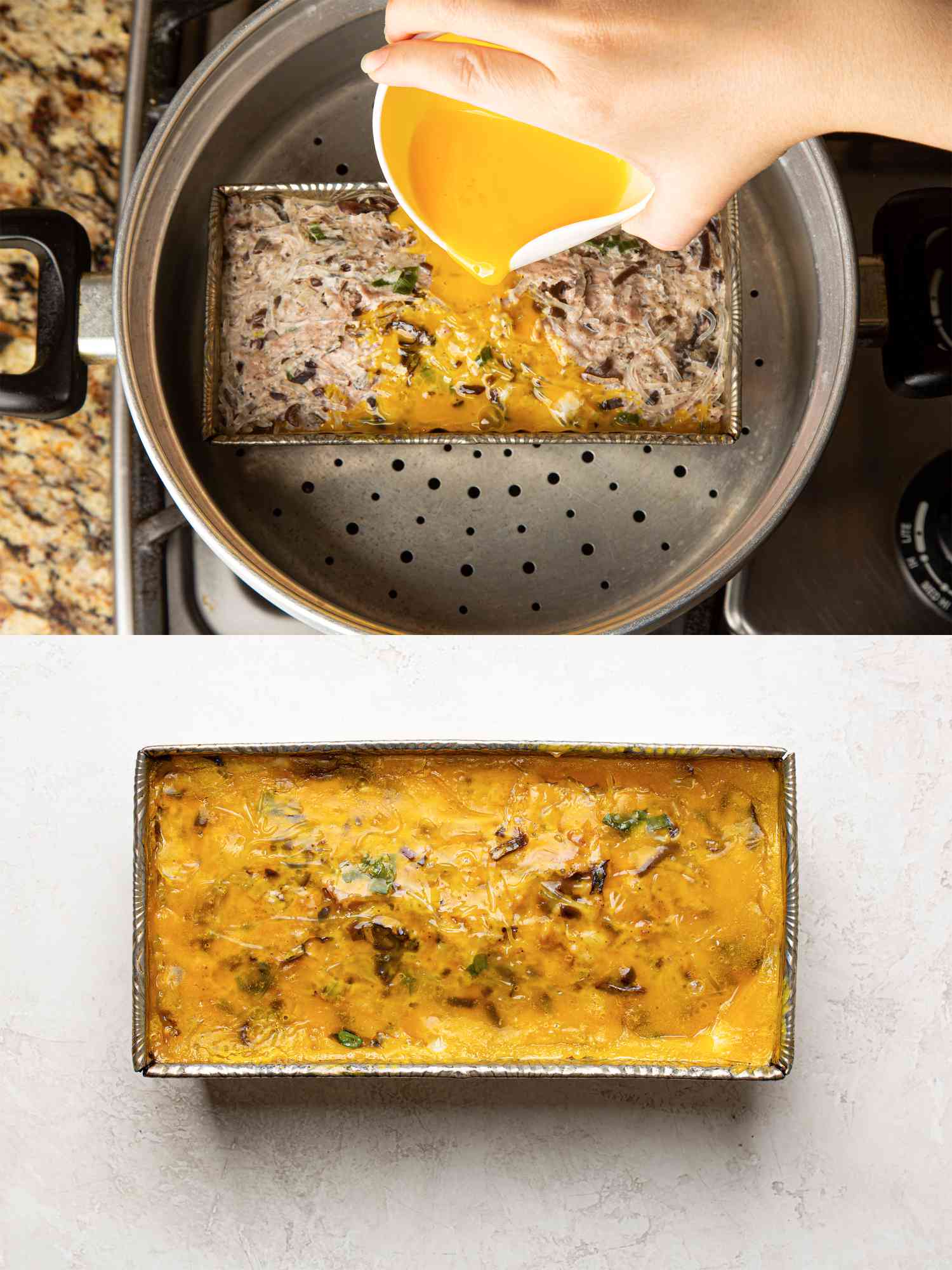 Two image collage of adding egg to meatloaf in steamer and meatloaf being removed