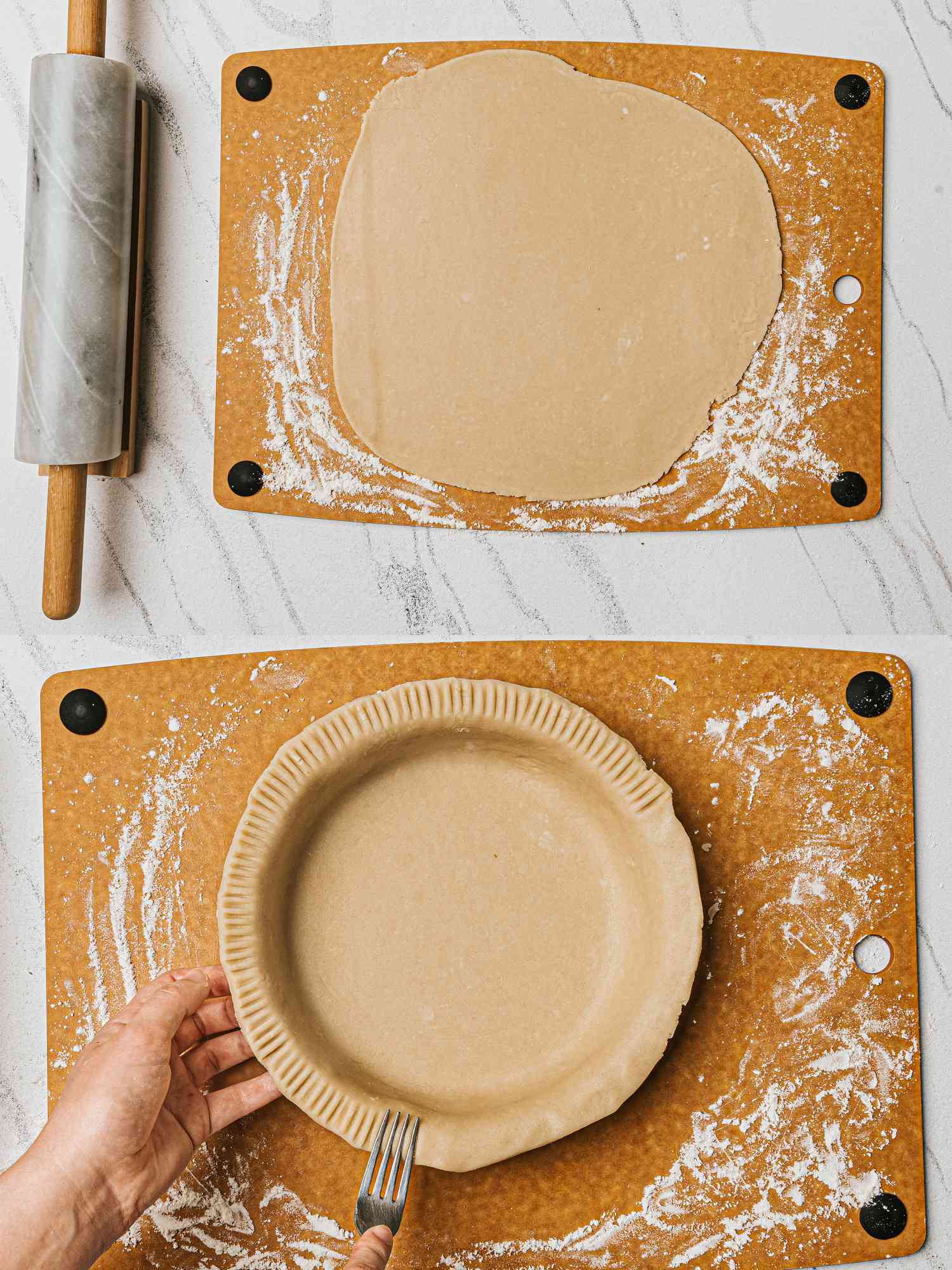 Overhead view of steps to make shoofly pie