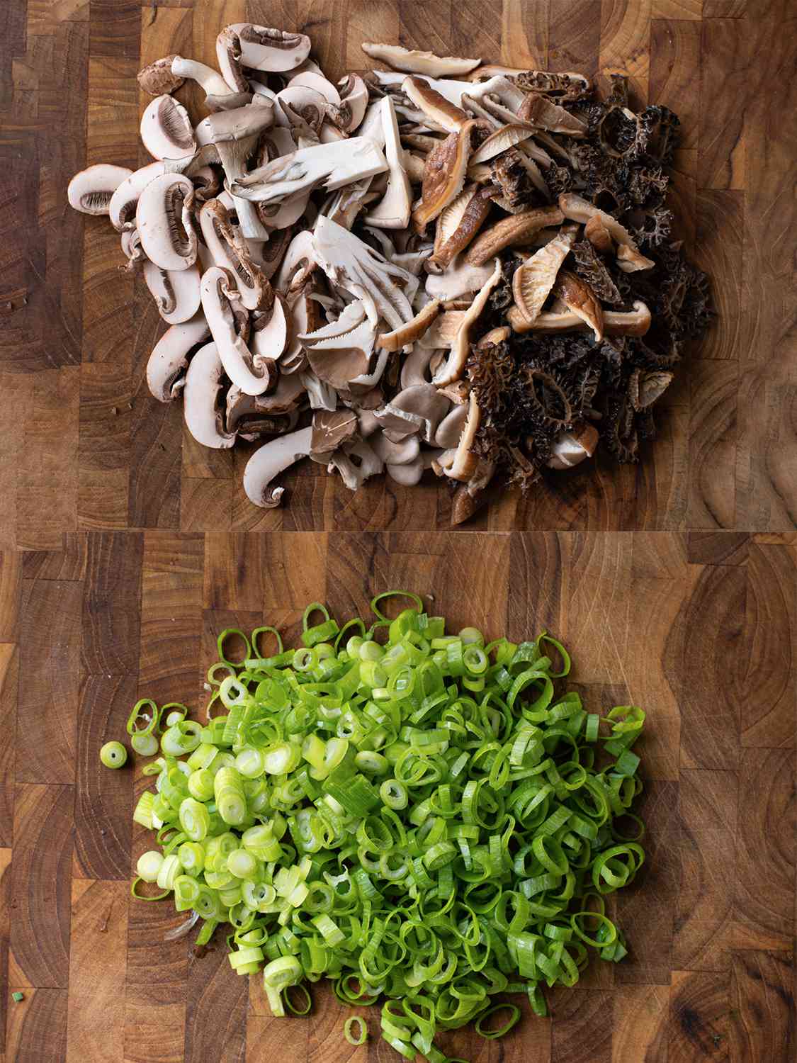A two-image collage. The top image shows sliced fresh mushrooms on a wood cutting board. The bottom image shows finely sliced scallions on a wood cutting board.