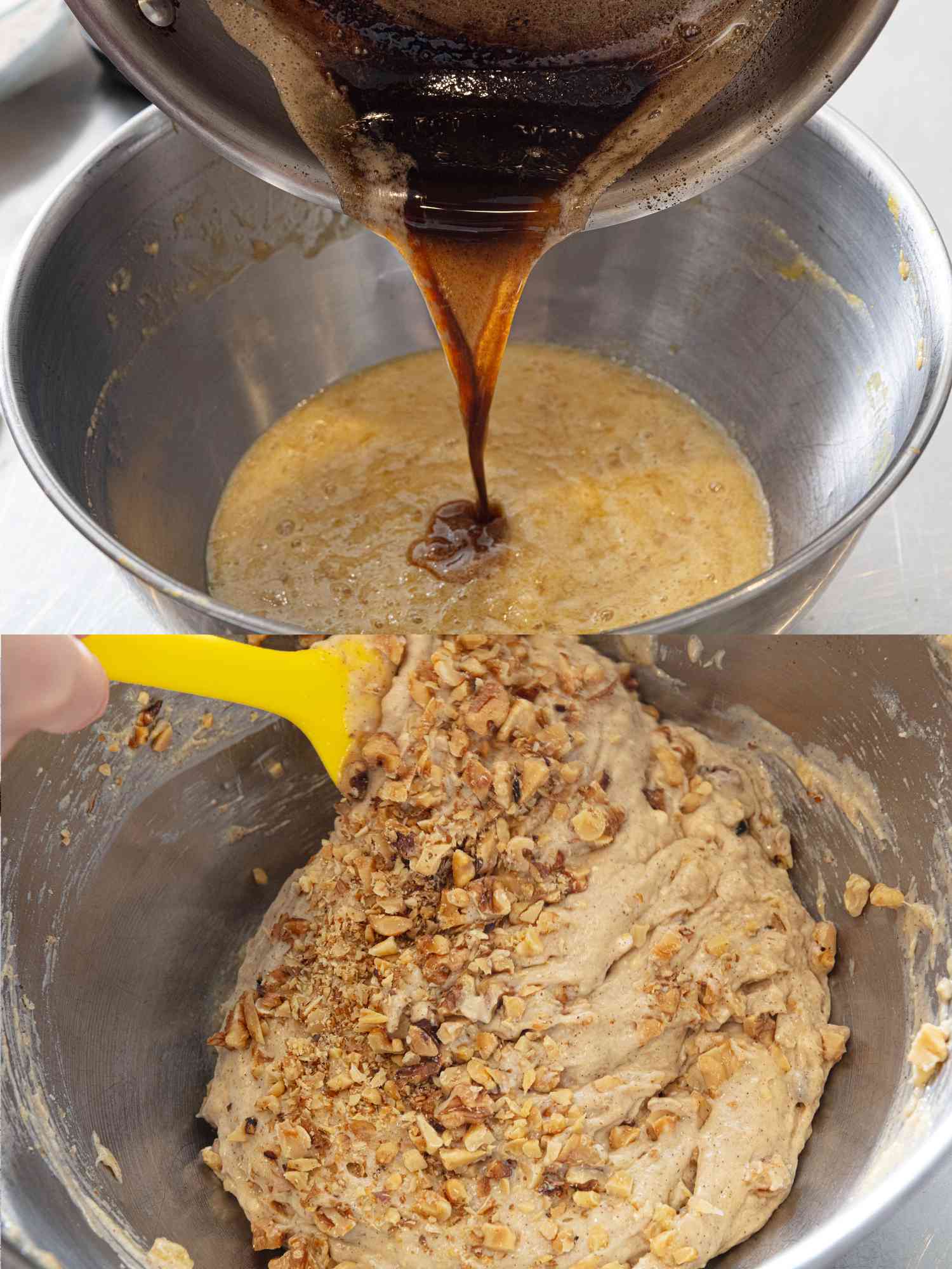2 image collage. Top: pouring browned butter over banana mixture. Bottom: folding walnuts into pancake batter