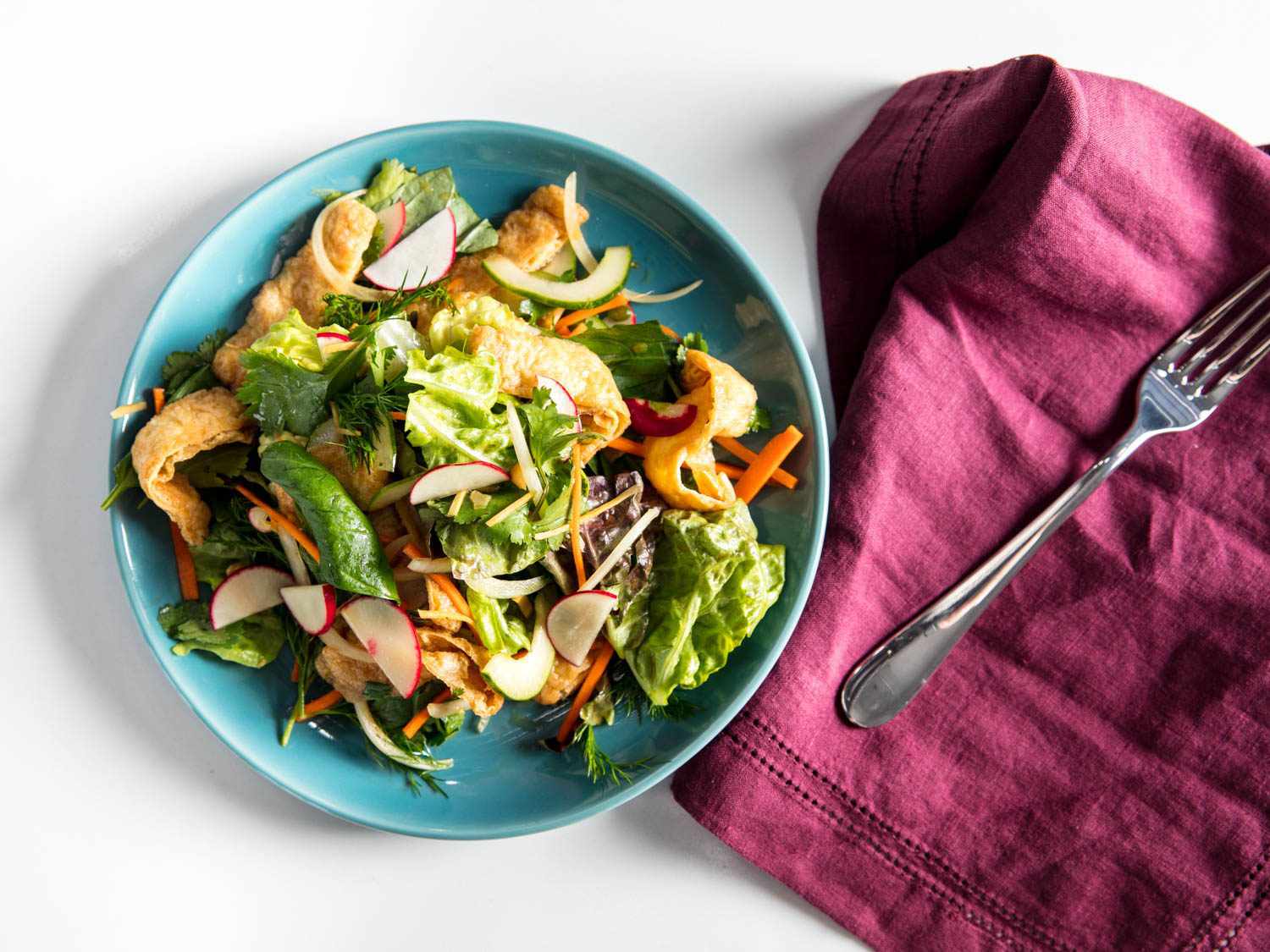 An overhead view of the finished, plated salad, ready to serve.