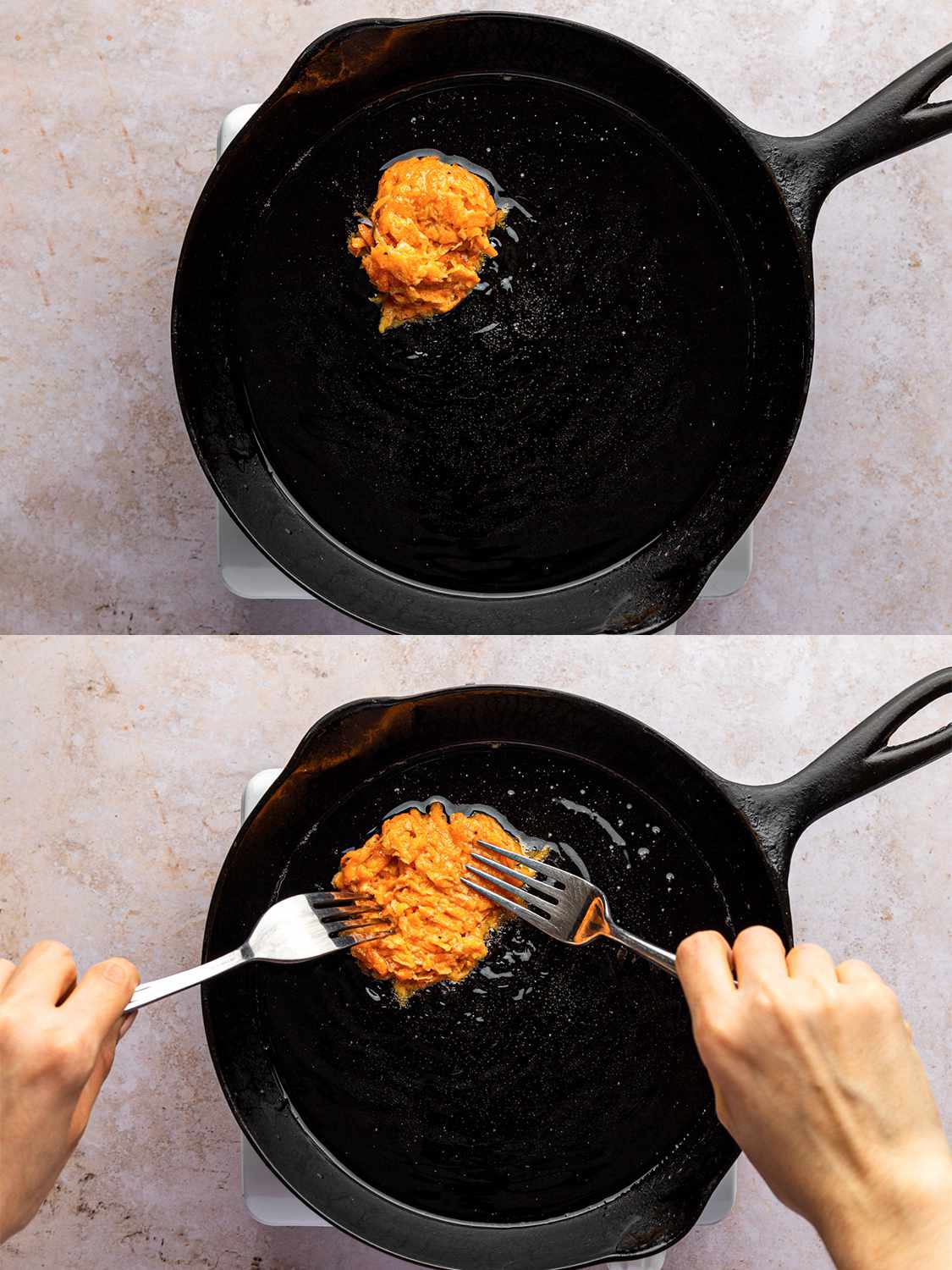 A two-image collage showing one latke being dropped into a cast iron pan of hot oil, and then being spread into the correct around, flat shape by two forks, each of which is held by a hand.