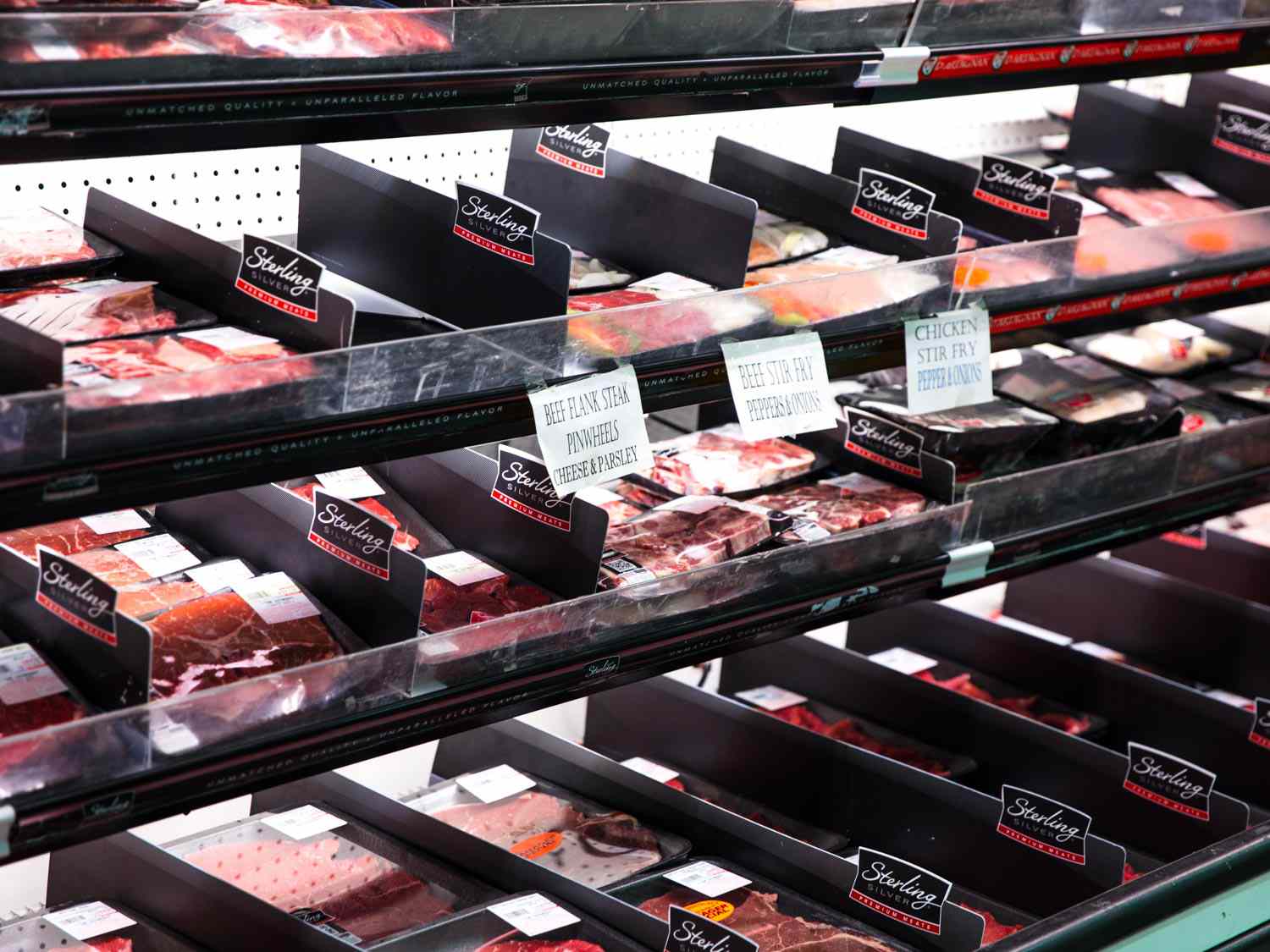 A grocery store display of meats from Sterling Silver, a high-Choice private-label beef program.