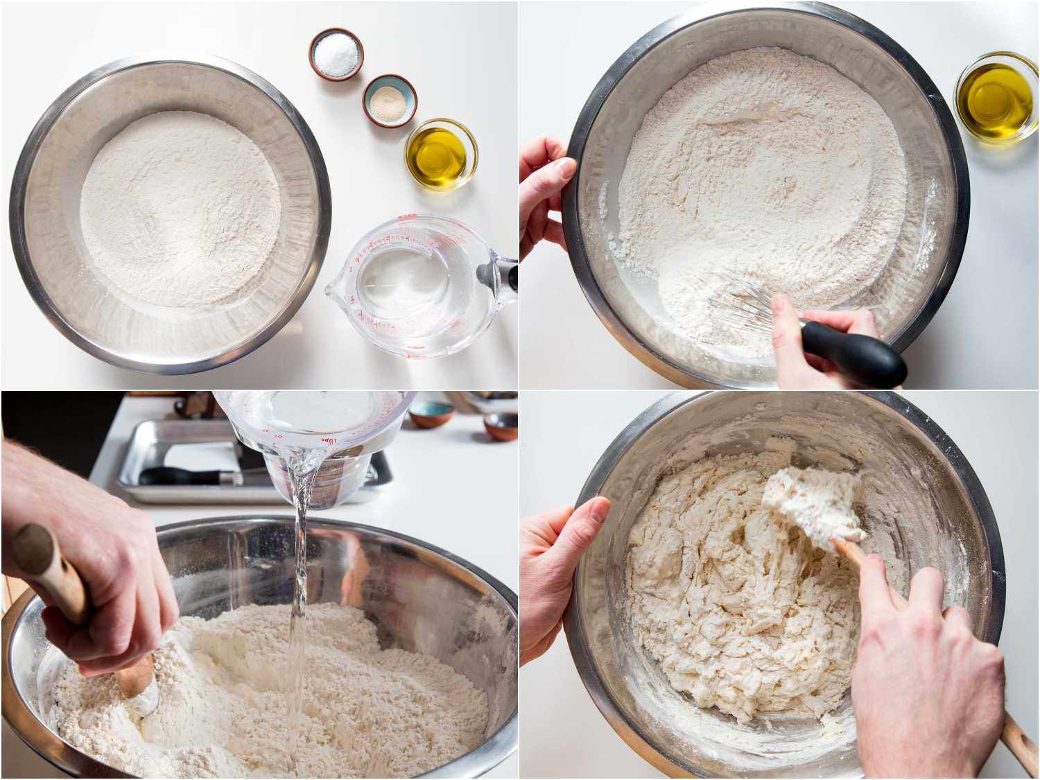Collage of four images: the first one on the left showing a bowl of flour, small bowls of yeast, salt oil and a measuring cup of water; the next images showing whisking the dry ingredients to combine; the lower left image showing adding water to the dough; and the lower right image showing mixing the dough with a spatula.