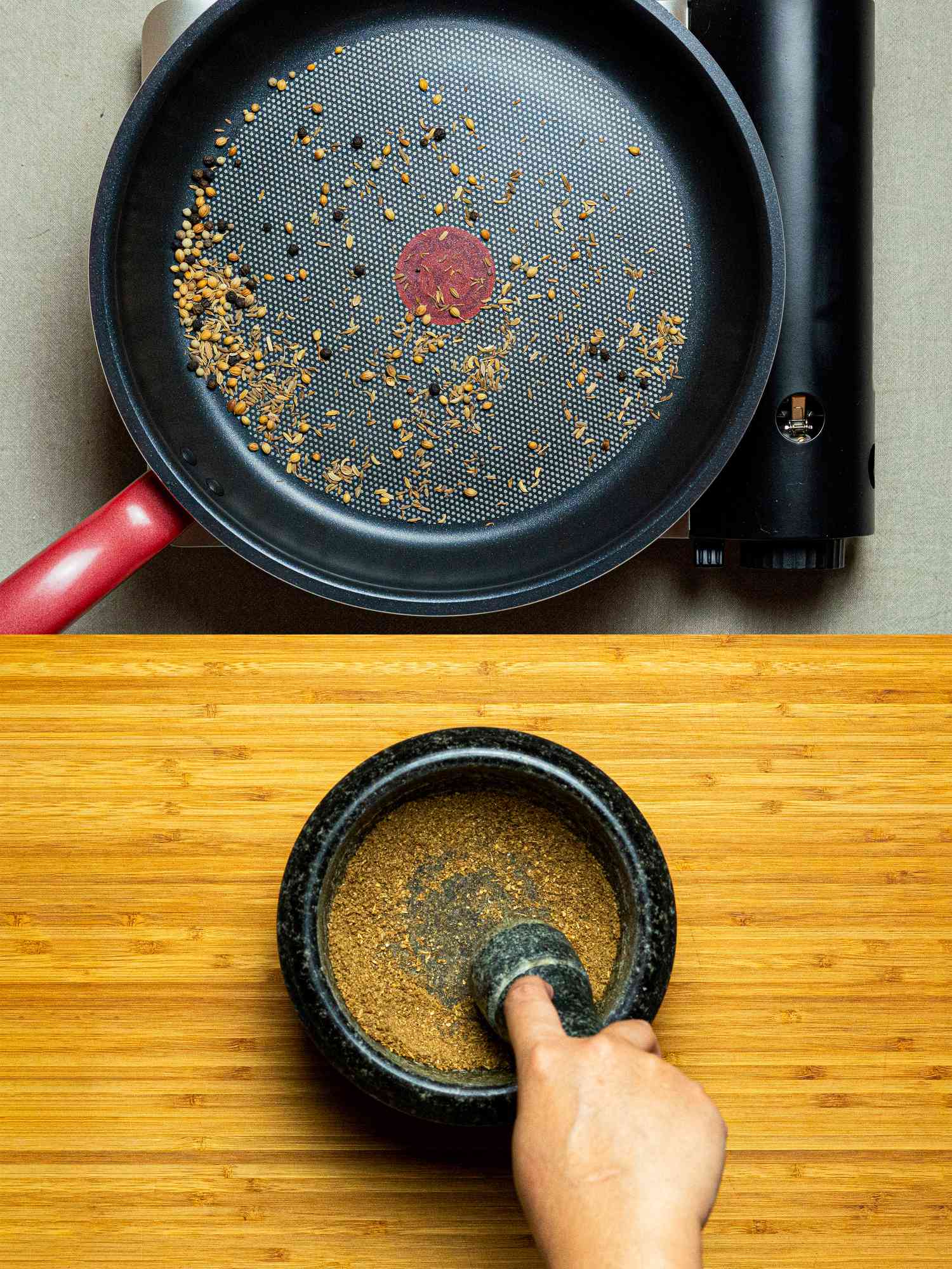 Two image collage of toasting and then grinding spices