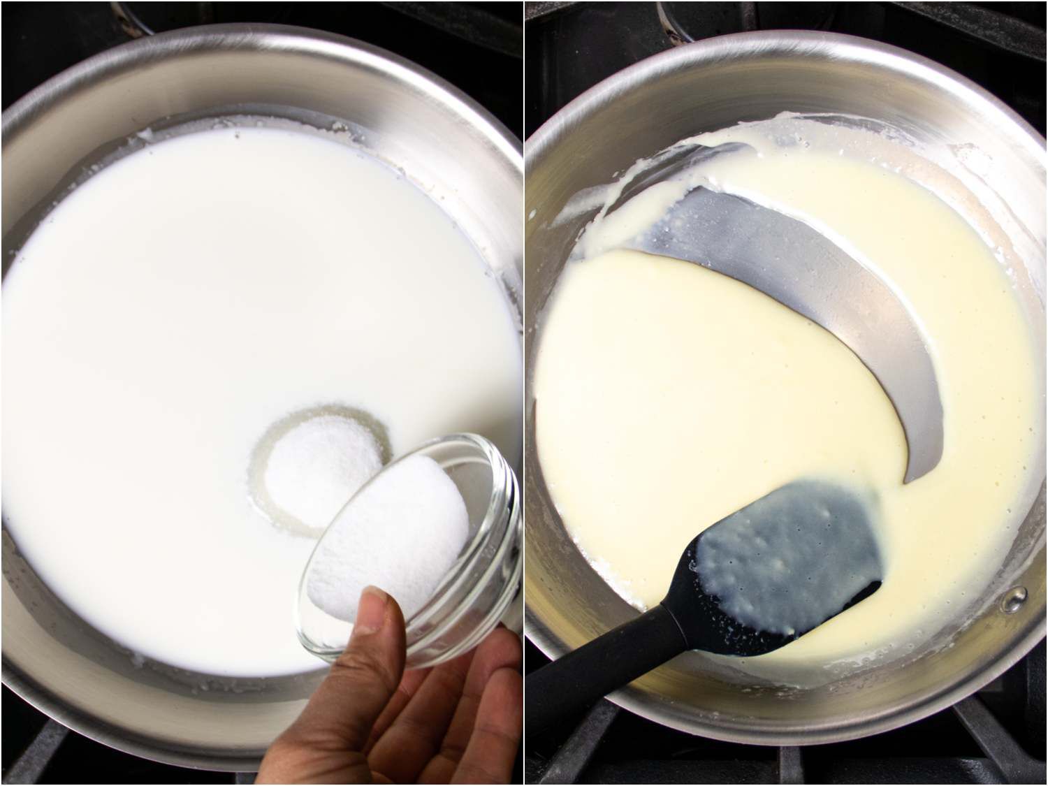 collage: adding sugar to reduced milk and cream; showing the consistency after it has all thickened