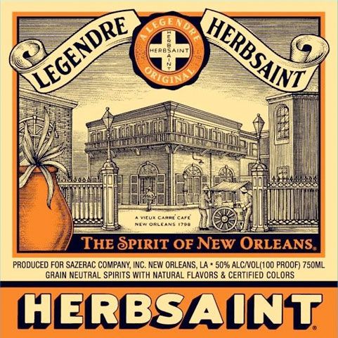 A vintage black, white, and orange label for Herbsaint liqueur from New Orleans.