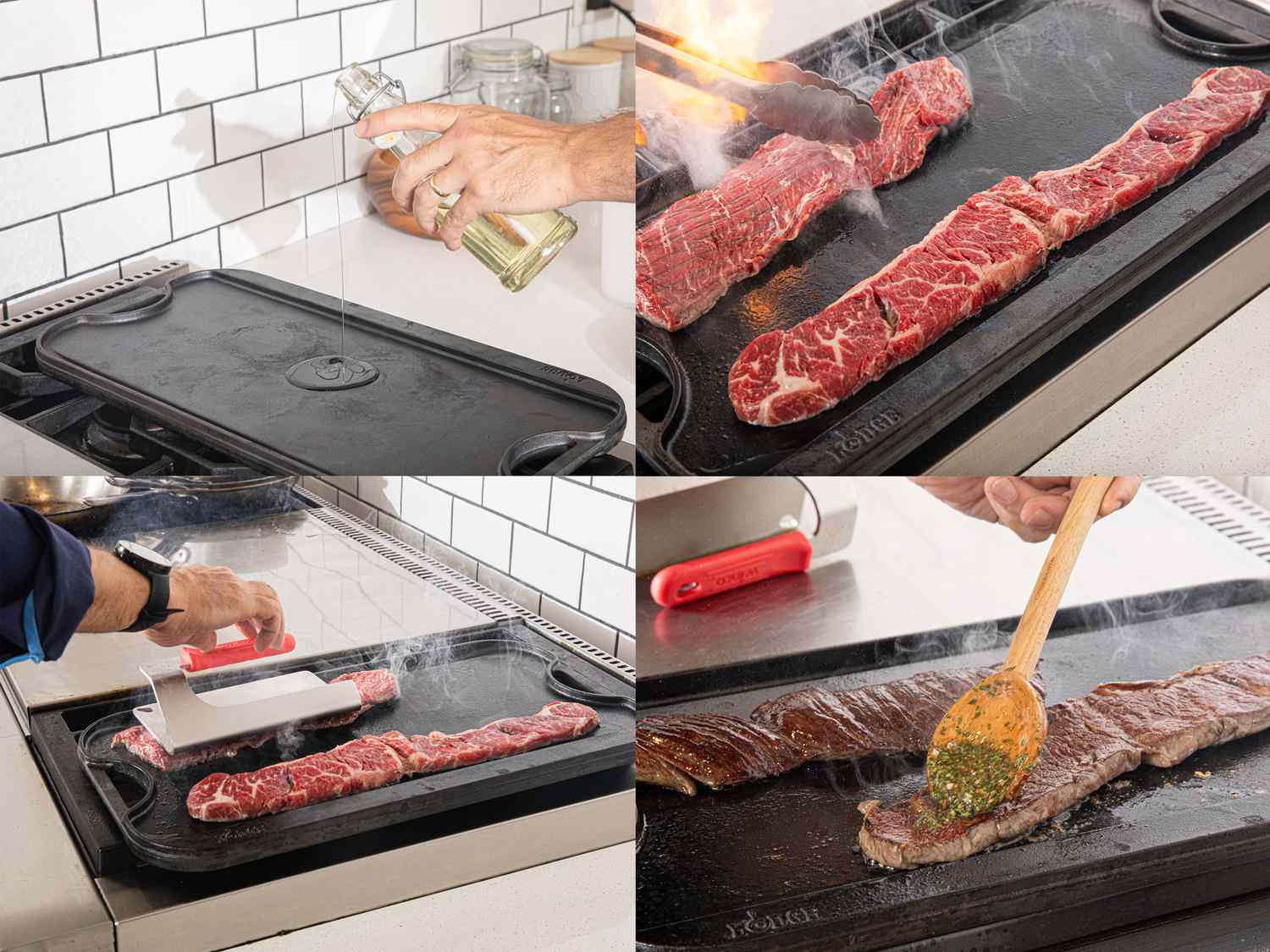 Four image collage of adding oil, cooking steaks, and adding chimichurri. 