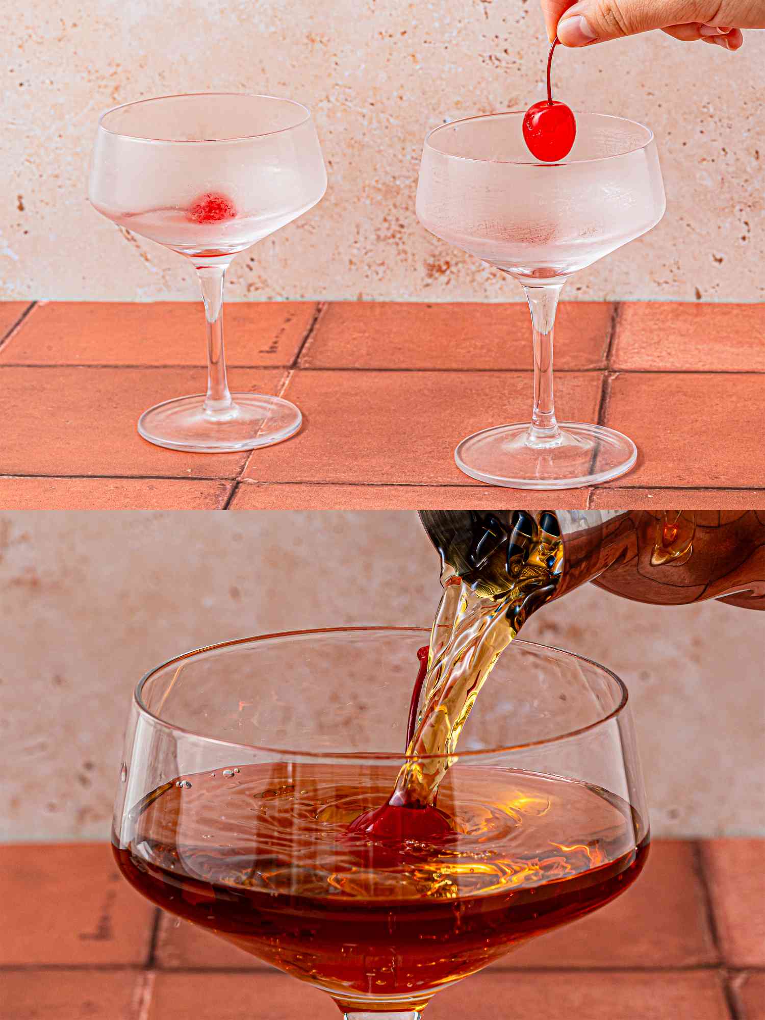 Collage of hand placing cherries into chilled cocktail glasses and closeup of straining Manhattan into a glass