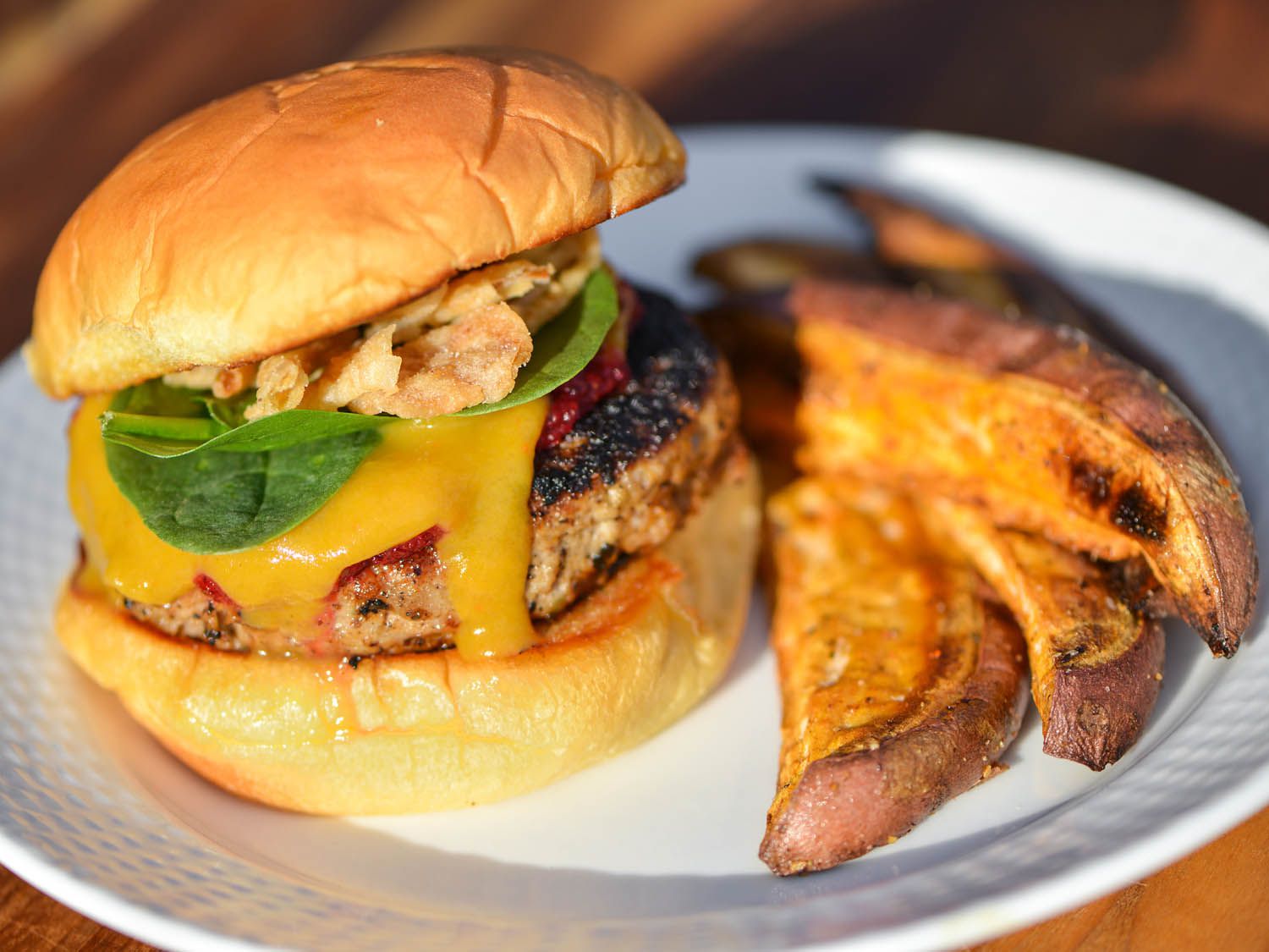 Thanksgiving turkey burgers with a side of thick-cut fries.