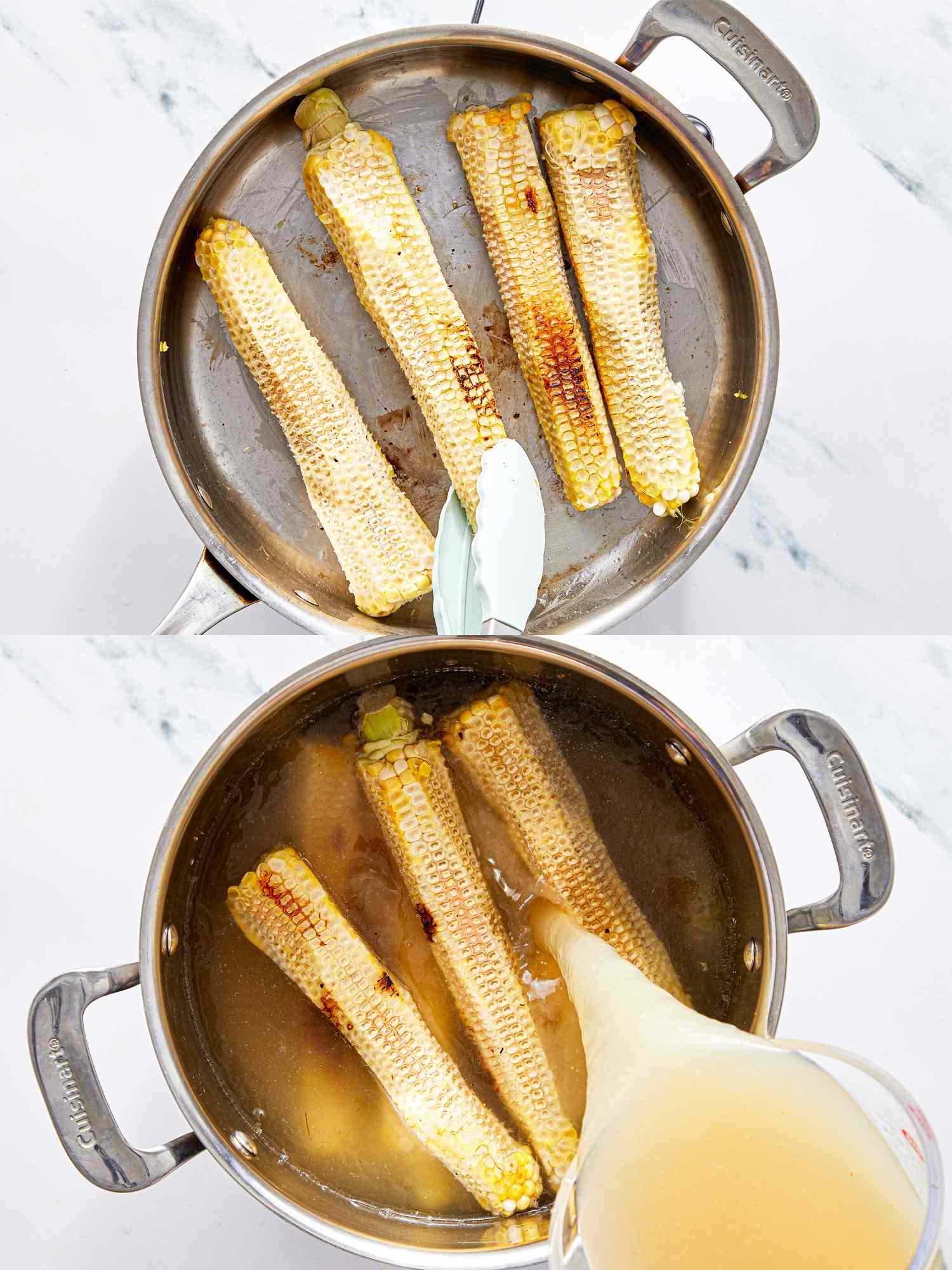 Process of making corn soup showing corn cobs in a pot being prepared with liquid being poured in
