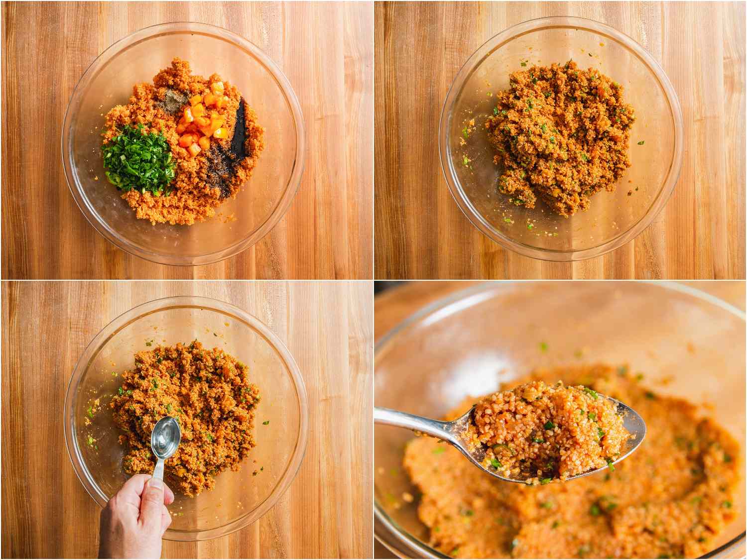 Mixing tomatoes, herbs, and water with bulgur to achieve proper texture for eetch.