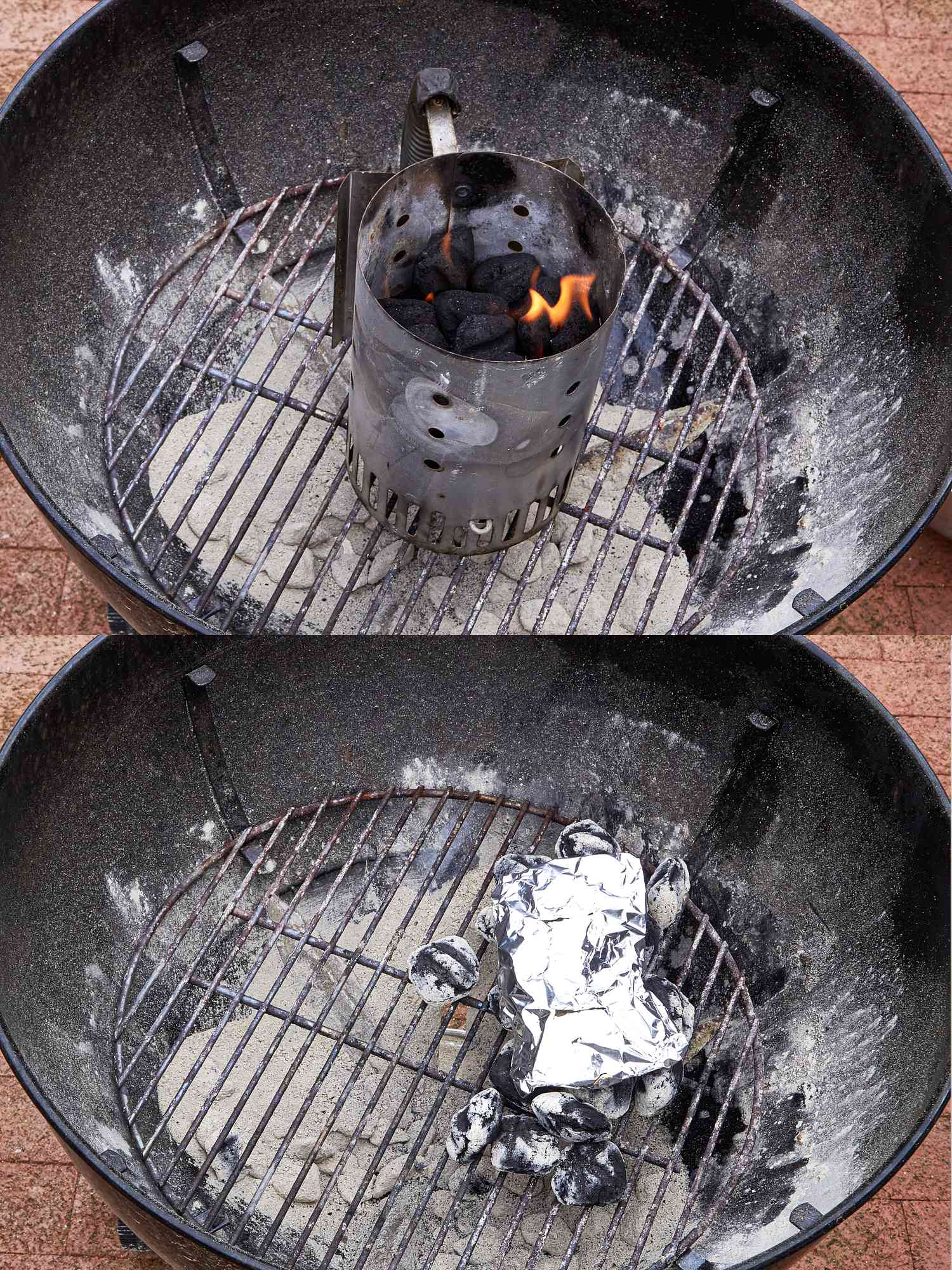 Two-step process of preparing a grill,Top image: chimney starter with lit coals Bottom: covered by foil packets