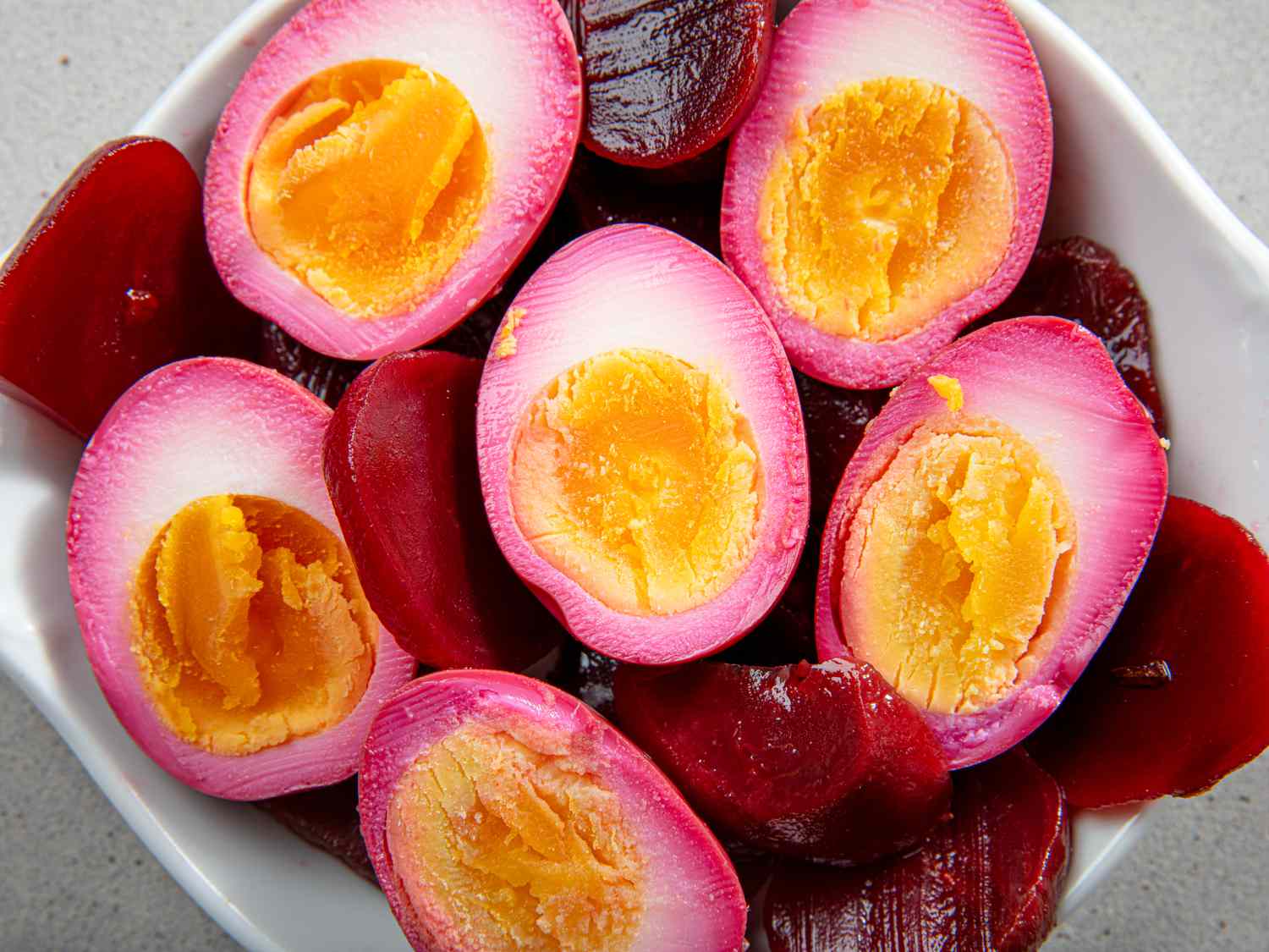 Overhead view of pickled red beet eggs