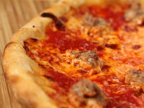 Close-up shot of sausage pizza