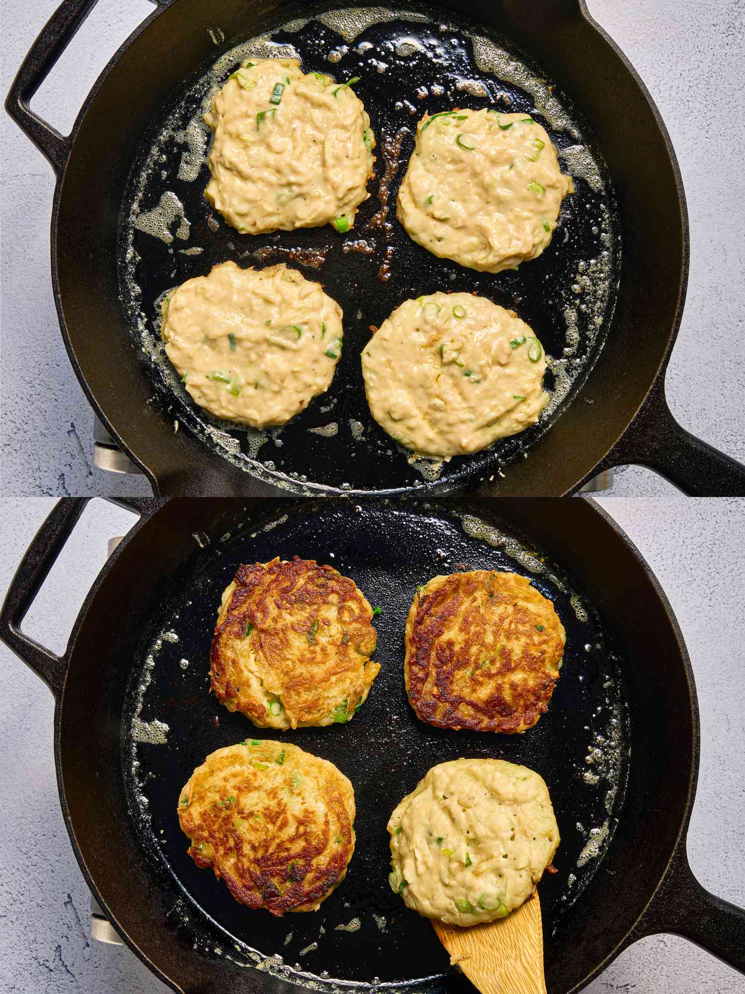 2 image collage. Top: 4 boxty pancake batters frying in skillet. Bottom: 3 flipped boxty pancakes, while fourth is being flipped over with wooden spoon
