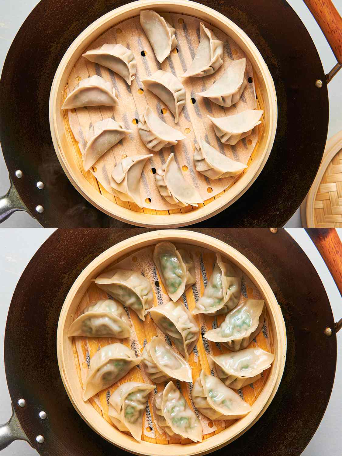 A two-image collage. The top image shows a bamboo steamer basket, lined with a parchment liner which is topped with uncooked dumplings. The basket is inside of a seasoned carbon steel wok. The bottom image shows the dumplings now fully cooked and translucent inside of the steamer basket.