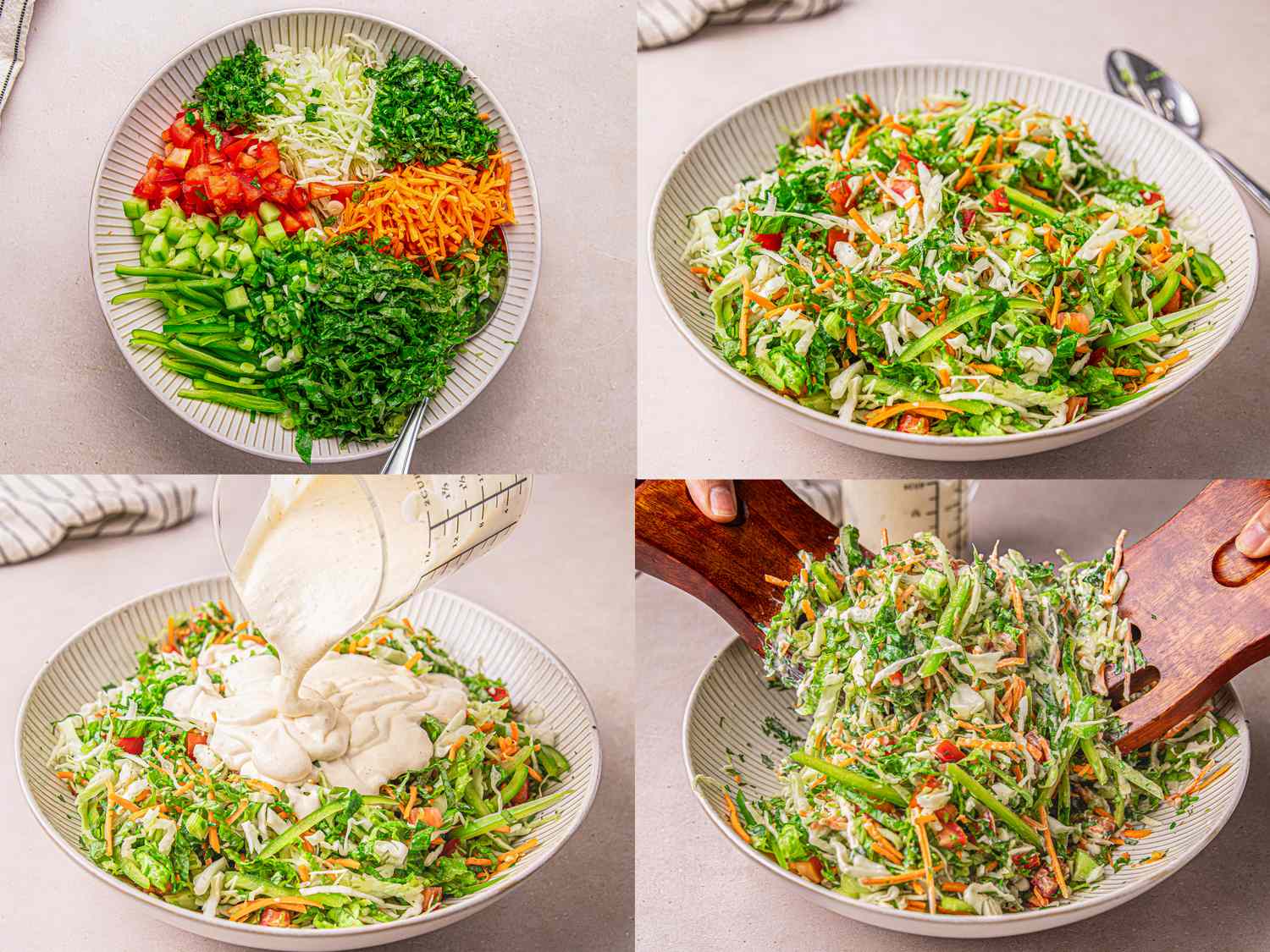 Four steps of preparing Nigerian salad showing ingredient arrangement tossing dressing application and mixed result in bowls