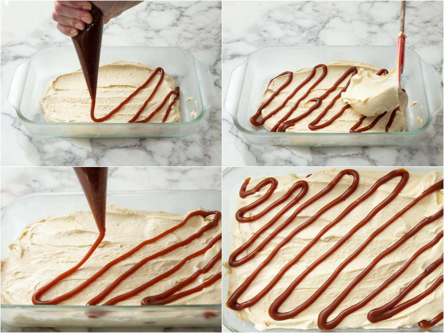 piping a caramel swirl into a dish of freshly churned ice cream