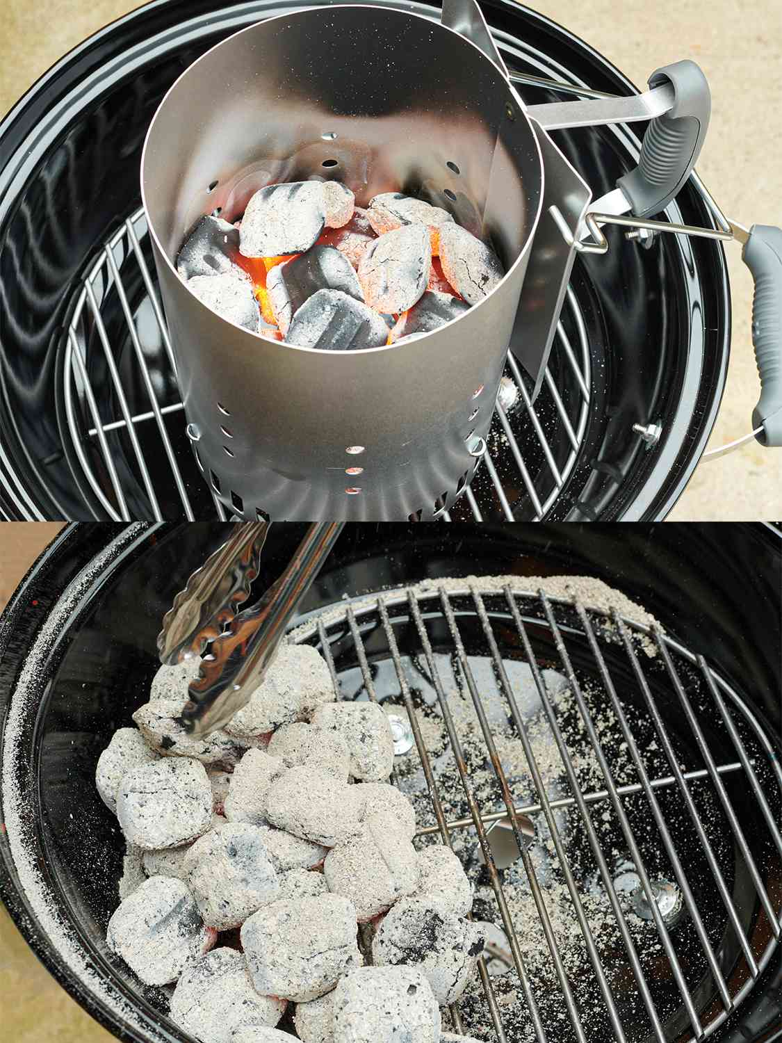 A two-image collage. The top image shows a grilling chimney half-filled with glowing, ash covered charcoal, inside of a black kettle grill. The bottom image shows the coals spread over half of the lower grill grate.