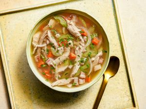 Overhead view of leftover turkey soup