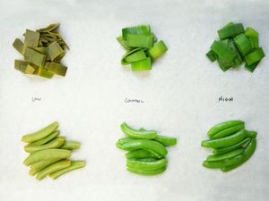 Leeks and Green Beans cooked with different PH balances, labeled Low, Control, and High on parchment paper 