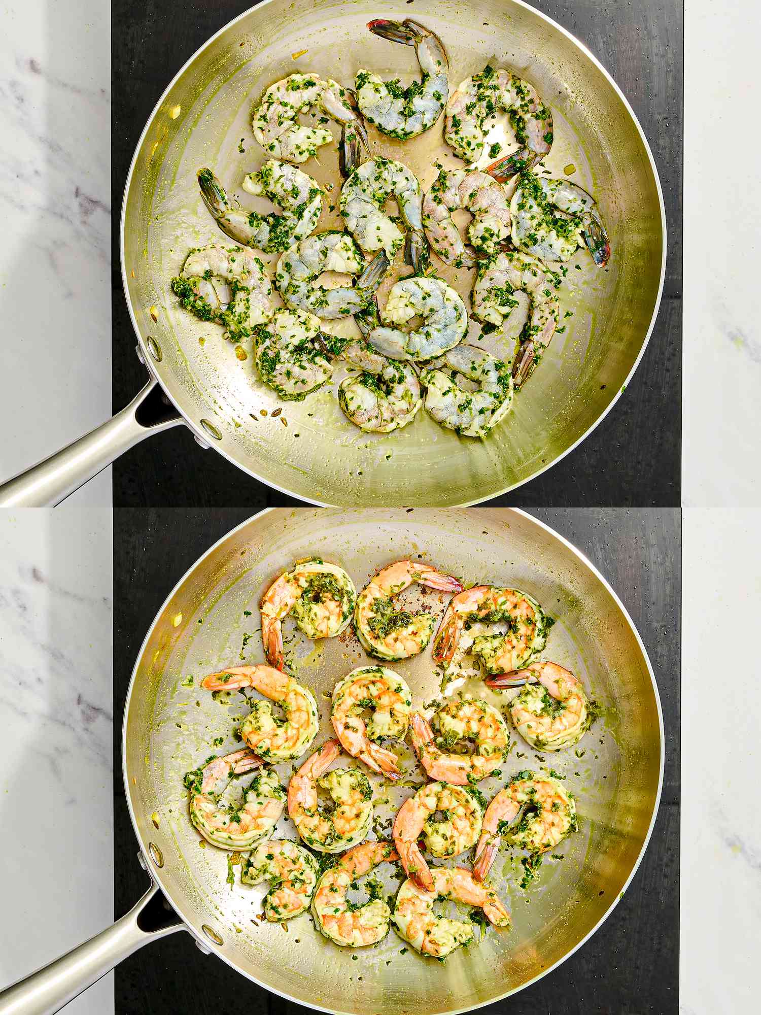 Two image collage of shrimp cooking