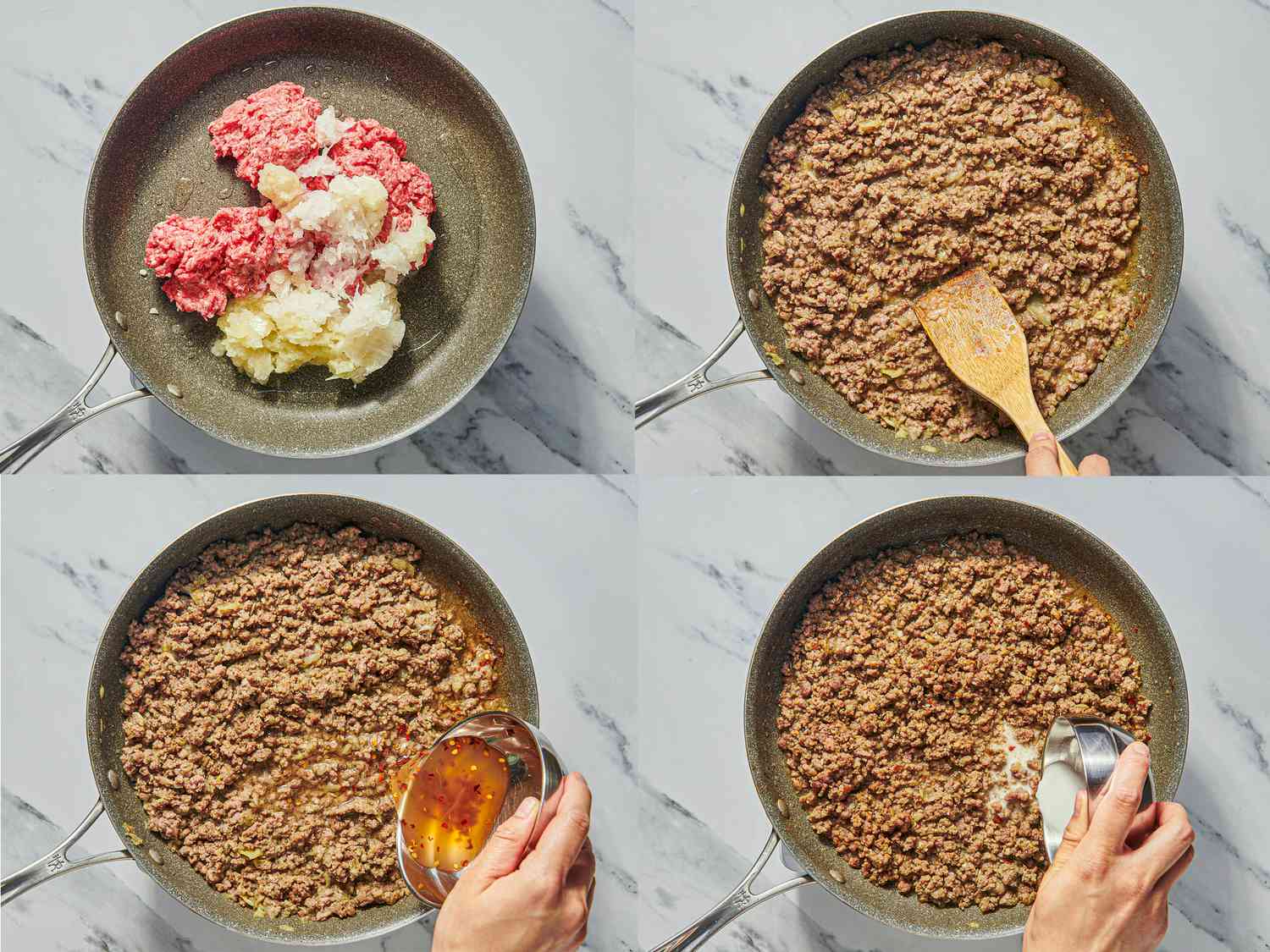 Four image collage of cooking meat