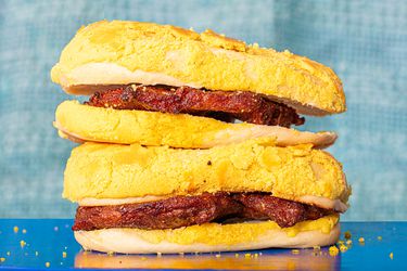 Side view of pork chop sandwich