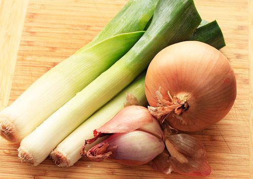 Whole leeks, shallots, and onions on a cutting board.