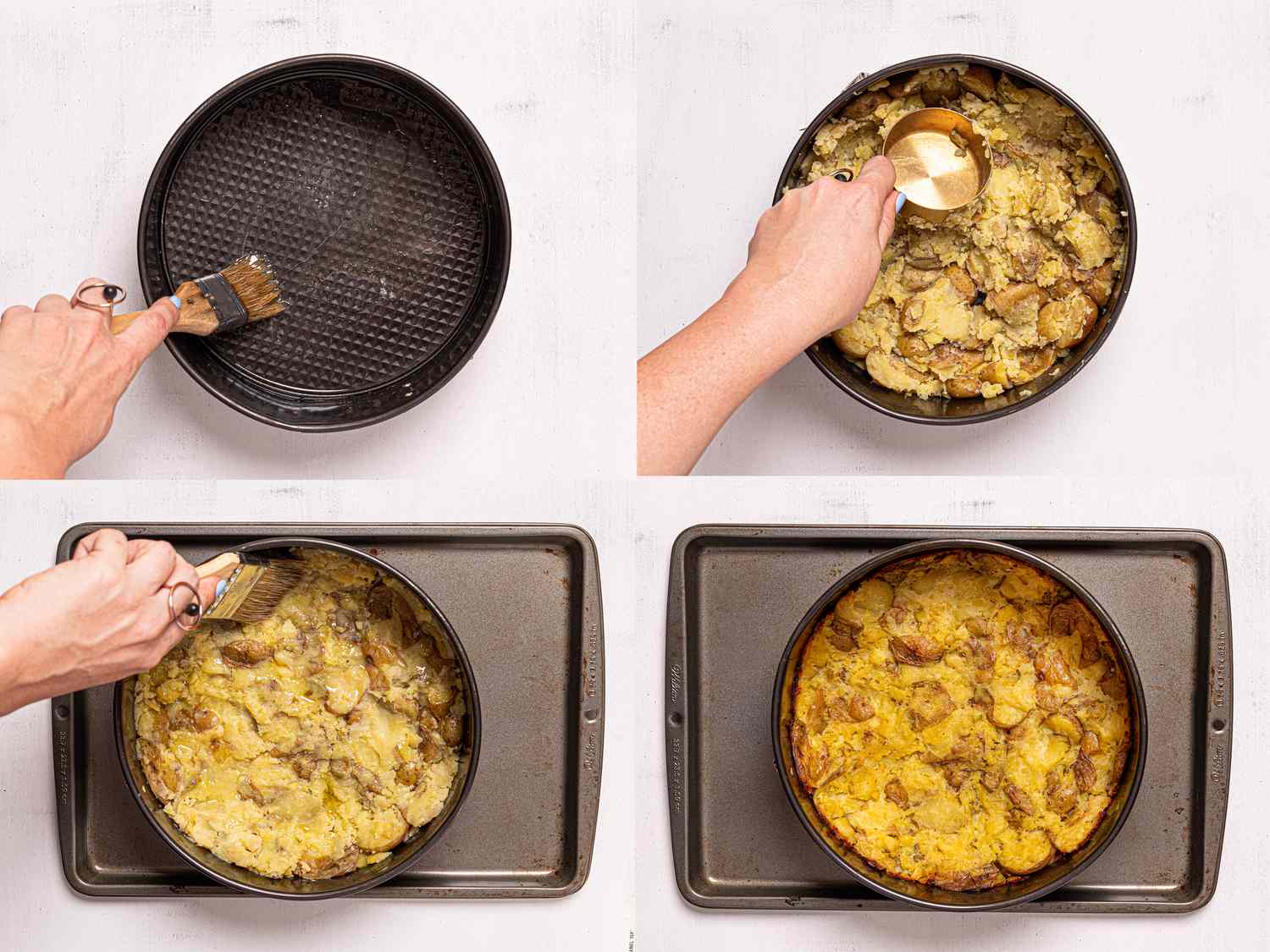Preparing smashed potato tart in a springform pan, steps include brushing the pan, adding potatoes, pressing, and baking.