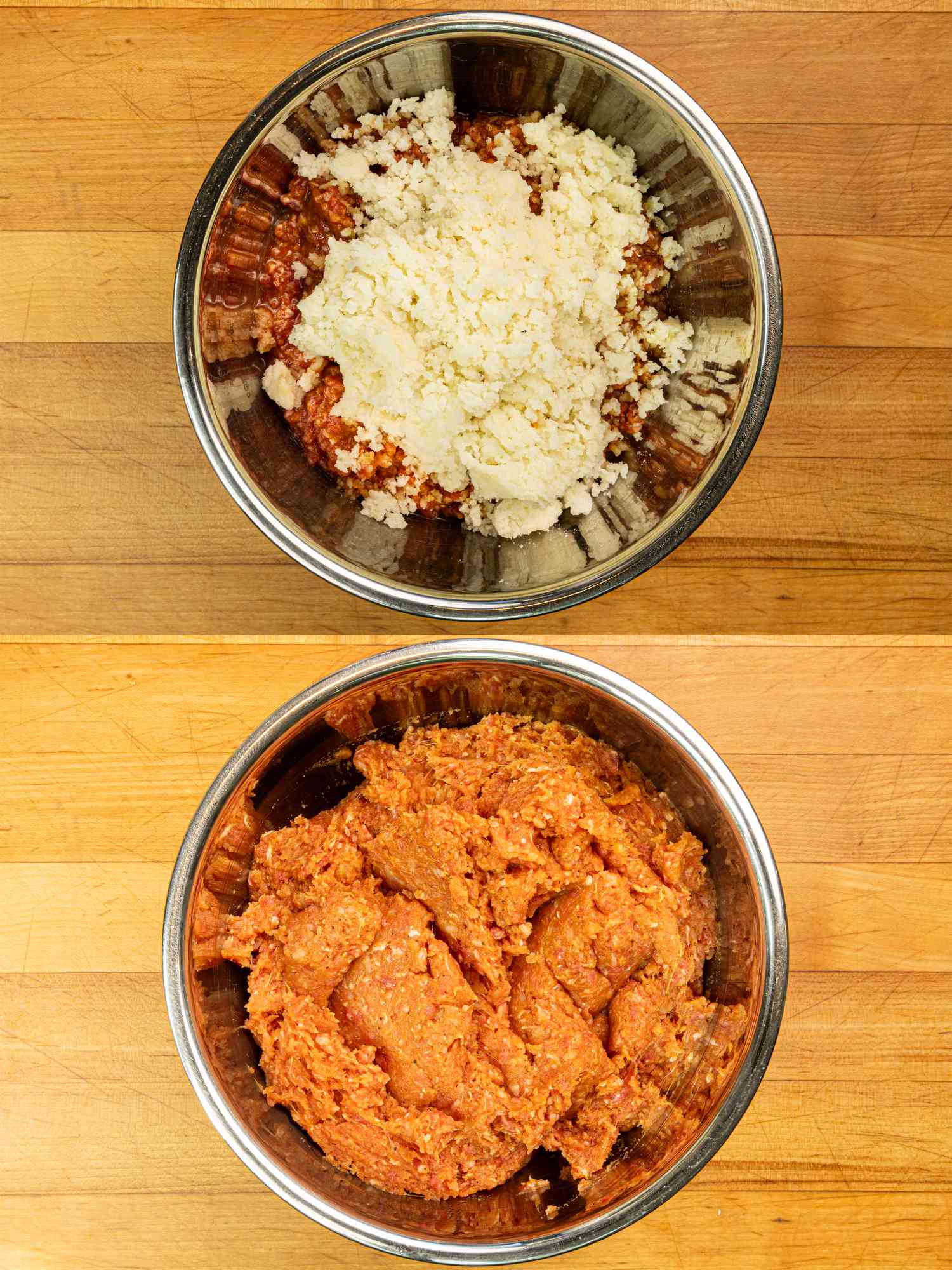 Two image collage of adding potatoes to the meat and egg mixture, before and after being combined.