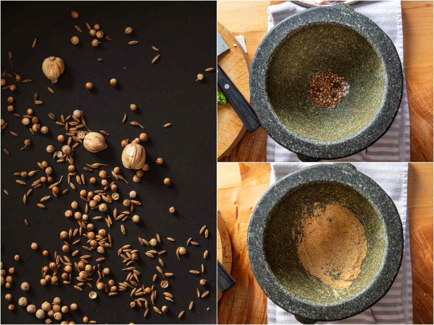 collage: toasting spices; toasted spices in mortar; pounded spices in mortar