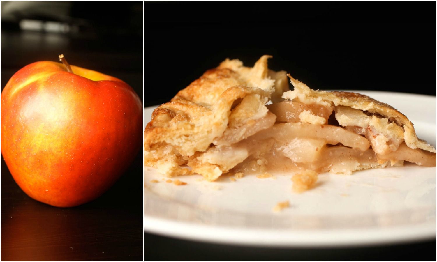 Collage of a Cortland apple next to a slice of pie made with Cortland apples
