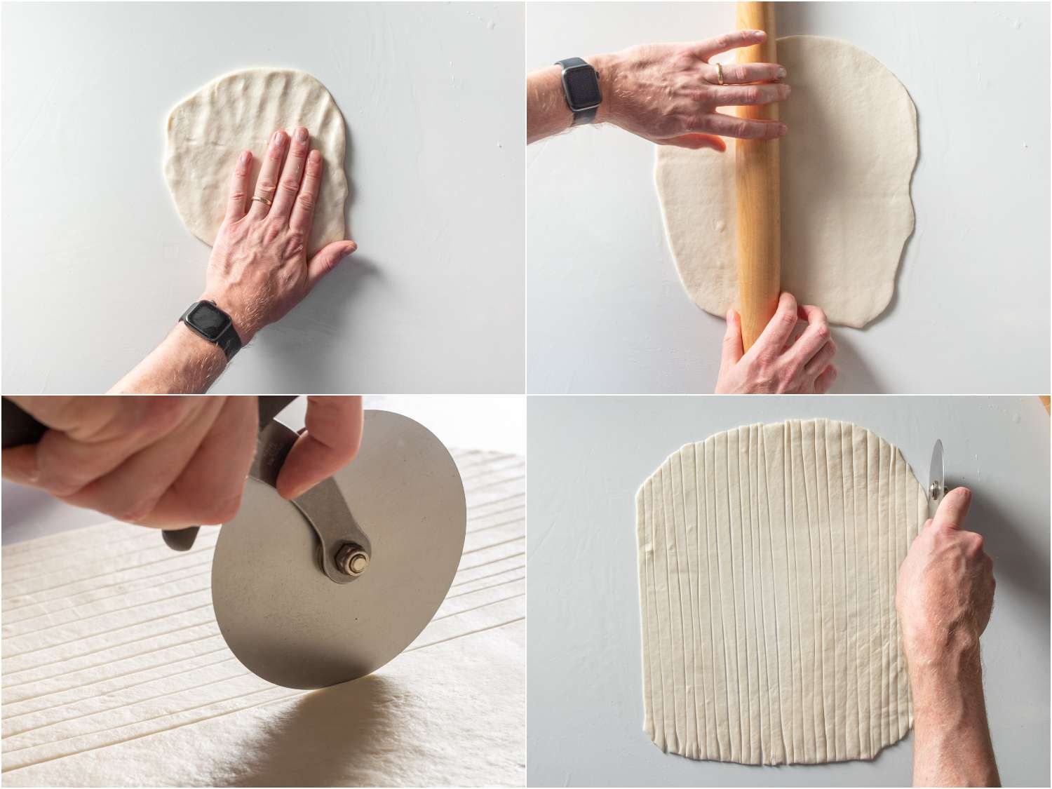 Pressing and rolling out the dough, then cutting it into strips