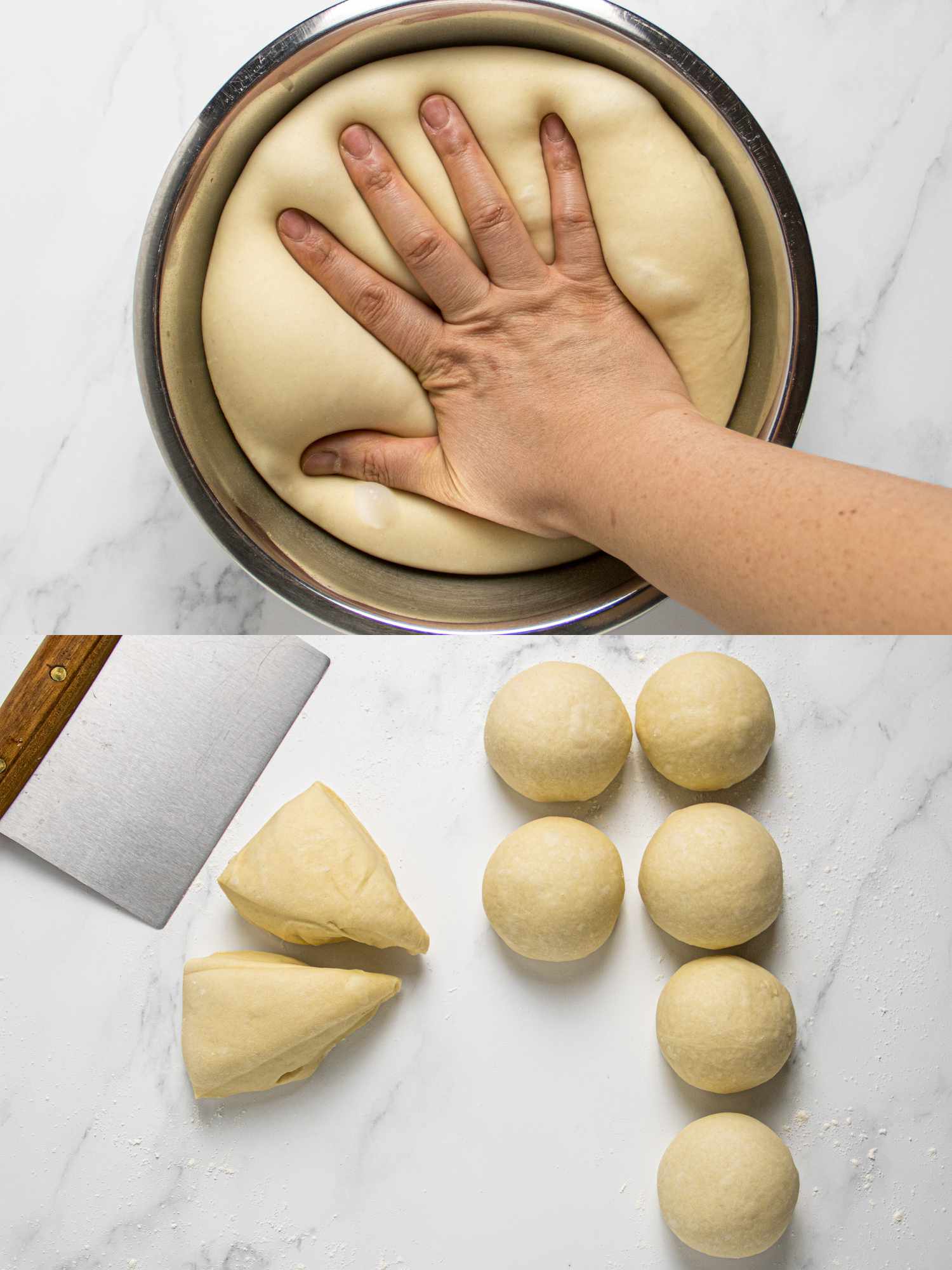 2 image collage. Top: hand deflating the dough in a bowl. Bottom: Dough cut into 8 small pieces with a bench scraper. 6 are in shapes of balls, 2 are still in original shape. 