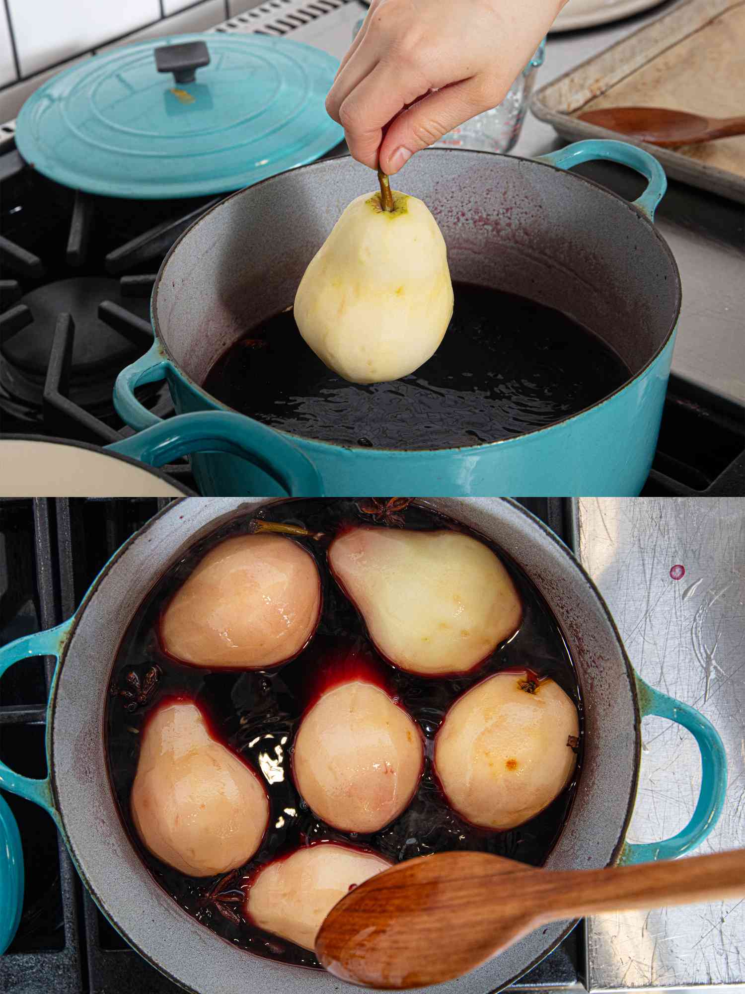 Two image collage of adding pears and pears in pot