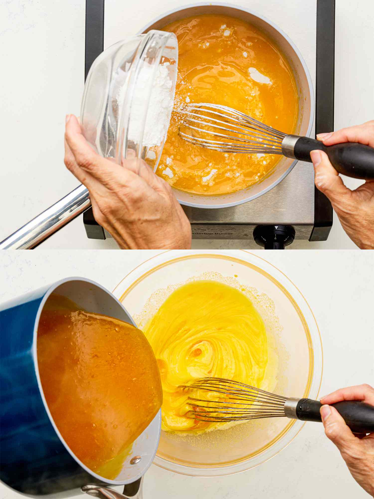 Two image collage of adding cornstarch to orange mix and adding orange mix to egg mixture