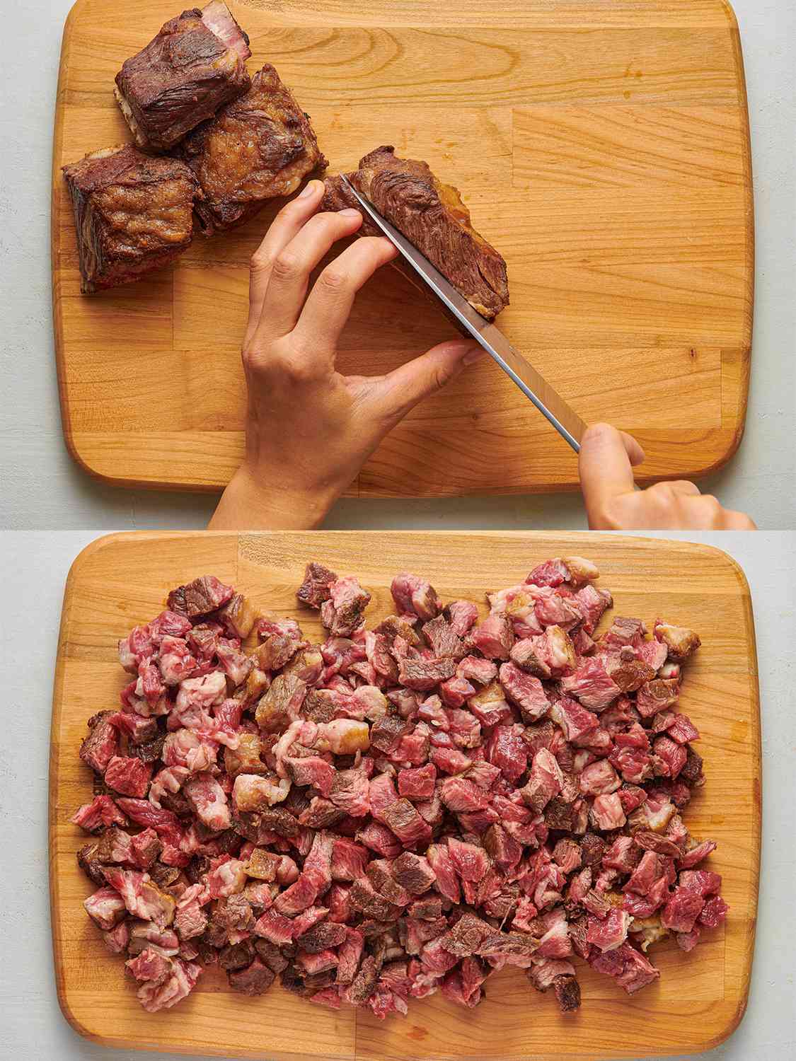 A two-image collage. The top image shows the meat being cut off of the beef short rib bones. The bottom image shows a cutting board covered with small chopped pieces of beef short rib meat.